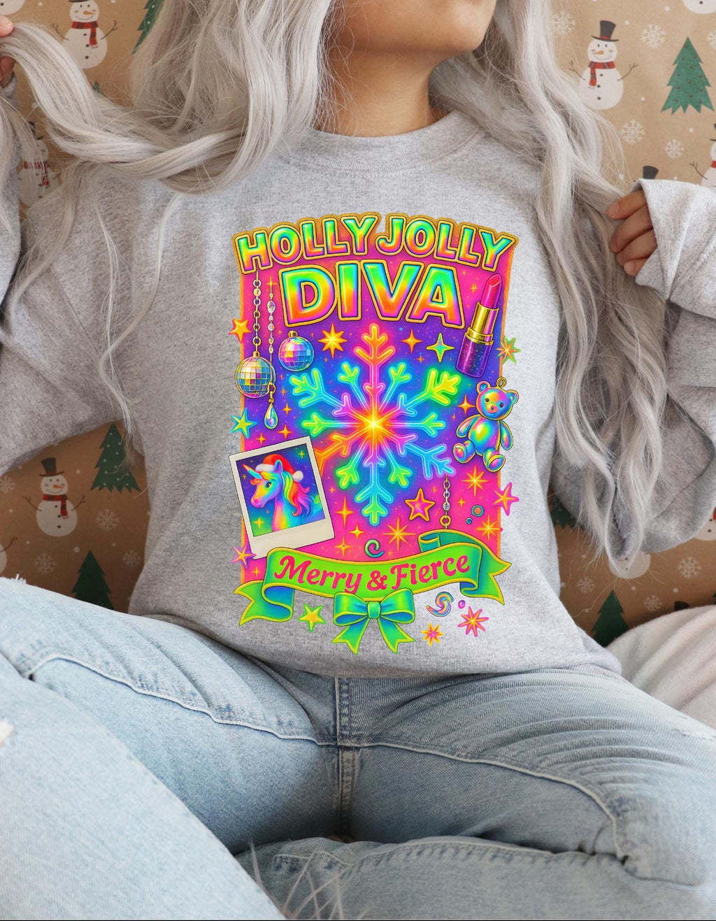 Merry & Fierce Diva Holiday Crewneck Sweatshirt: Festive Unisex Graphic Pullover for Winter Celebrations