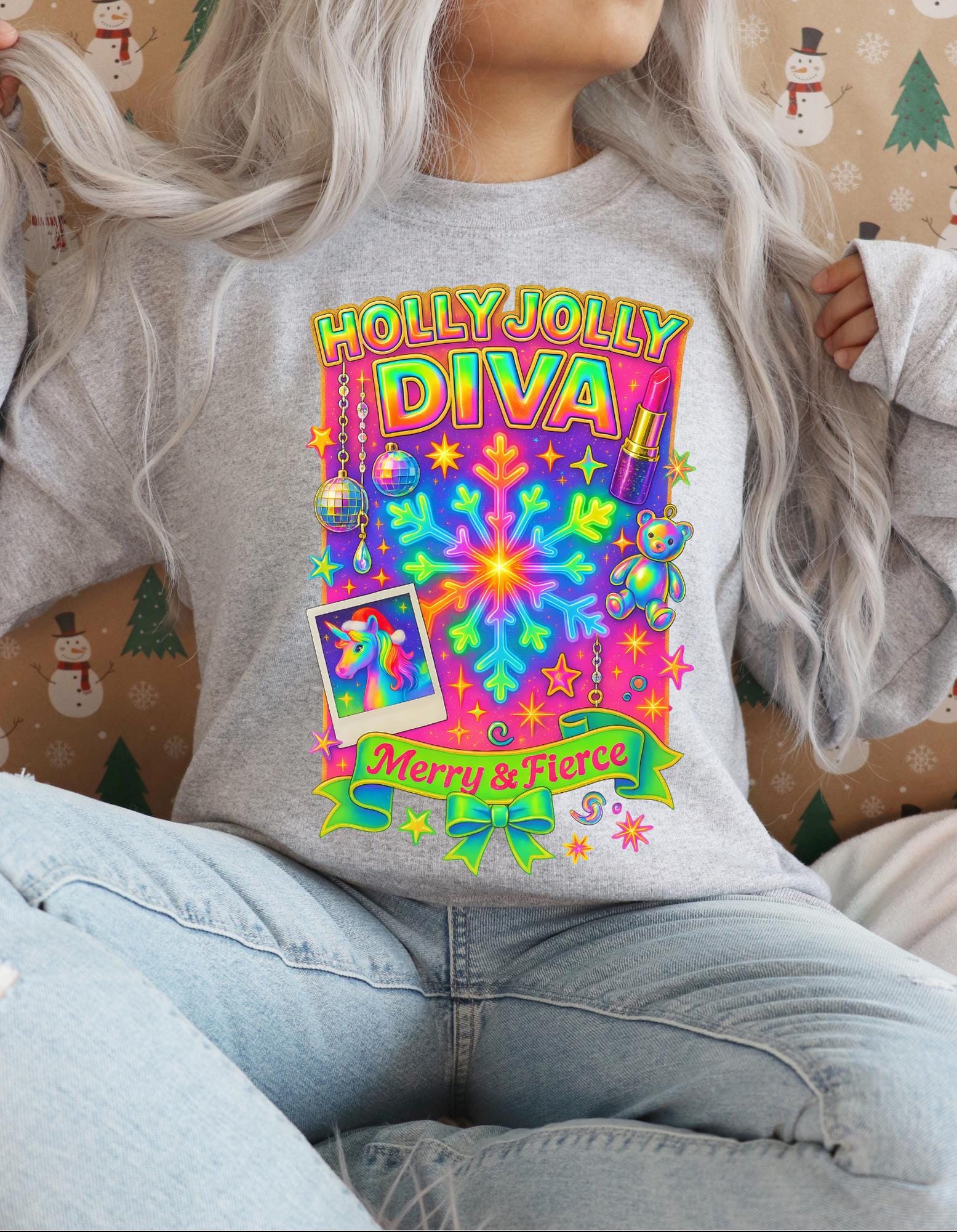 Merry & Fierce Diva Holiday Crewneck Sweatshirt: Festive Unisex Graphic Pullover for Winter Celebrations