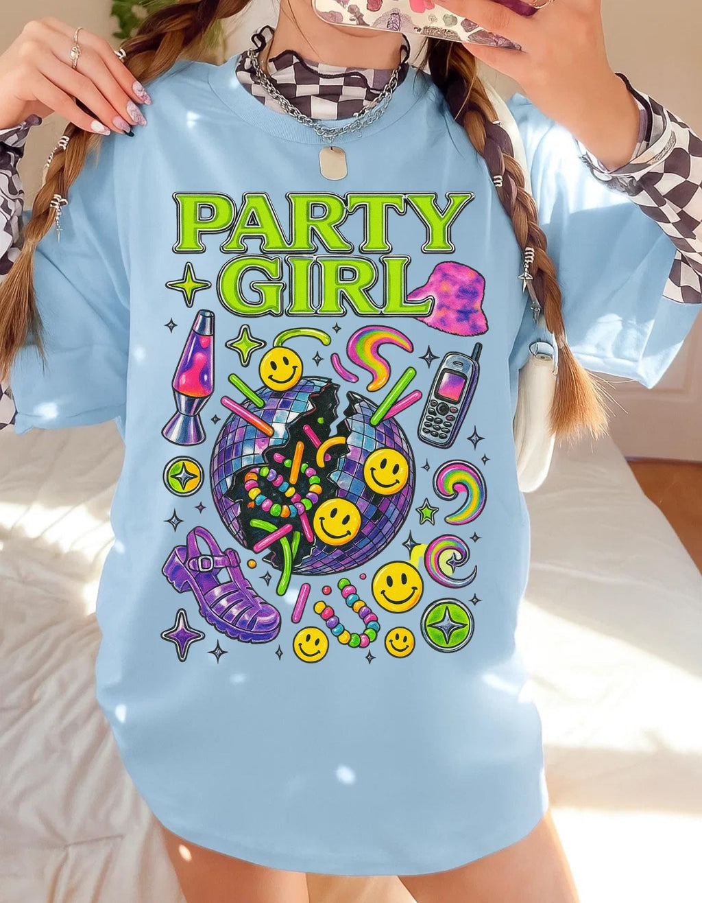 Vibrant Party Girl Tee: Retro Graphic Y2K Top