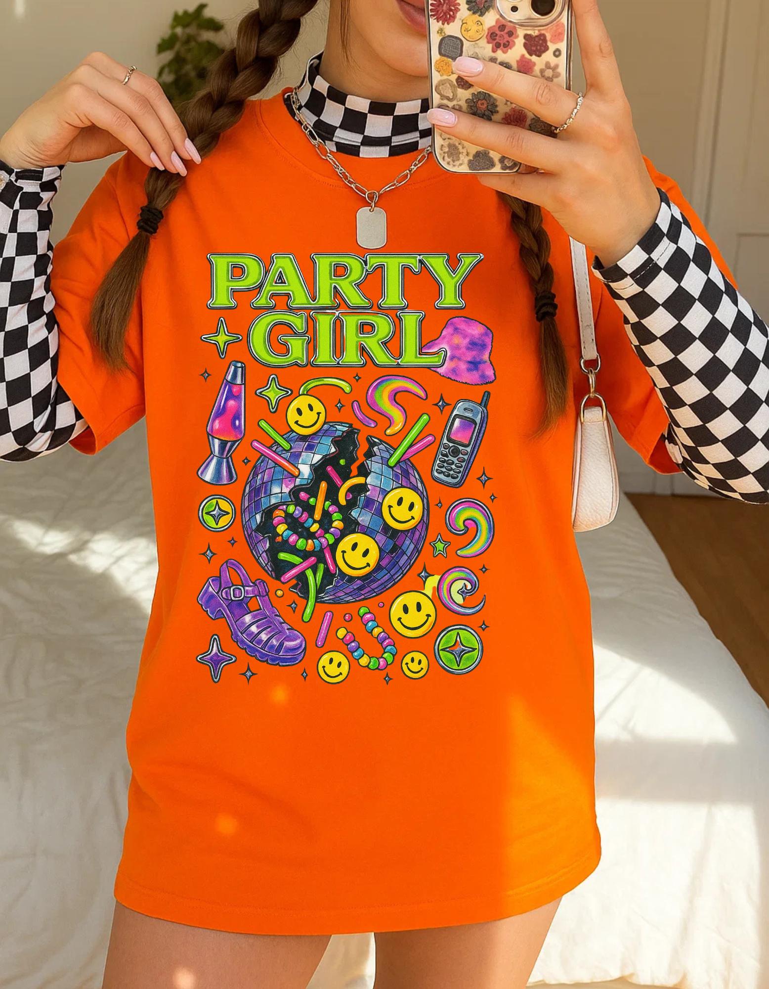 Vibrant Party Girl Tee: Retro Graphic Y2K Top