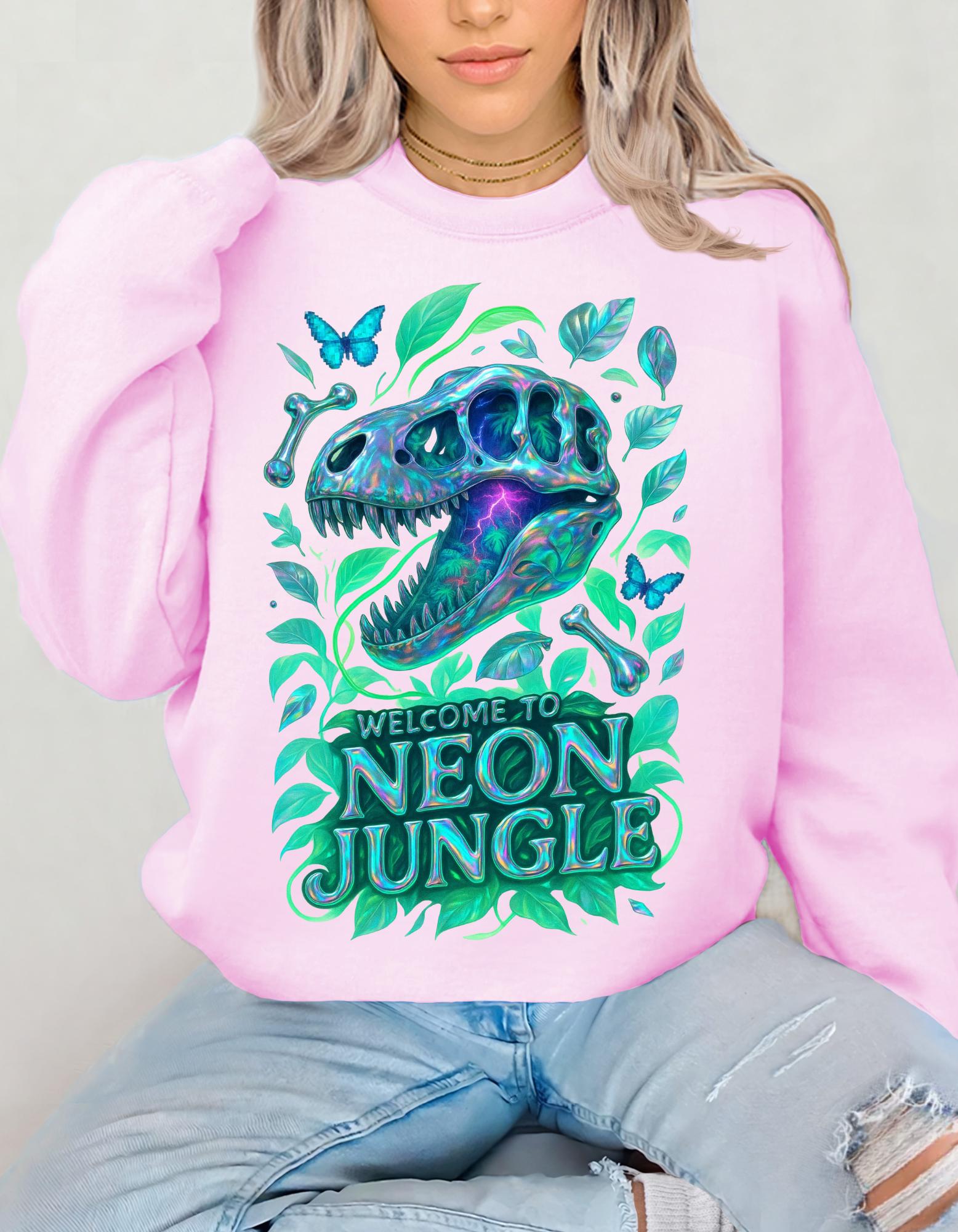 Vibrant Neon Dinosaur Crewneck Sweatshirt: Unique Jungle-Inspired Gift for Nature Lovers