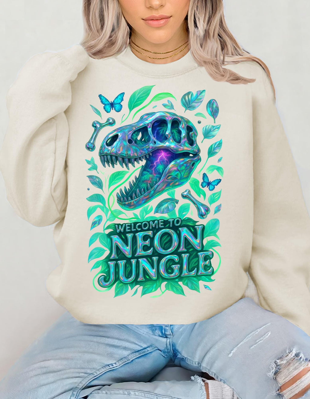 Vibrant Neon Dinosaur Crewneck Sweatshirt: Unique Jungle-Inspired Gift for Nature Lovers