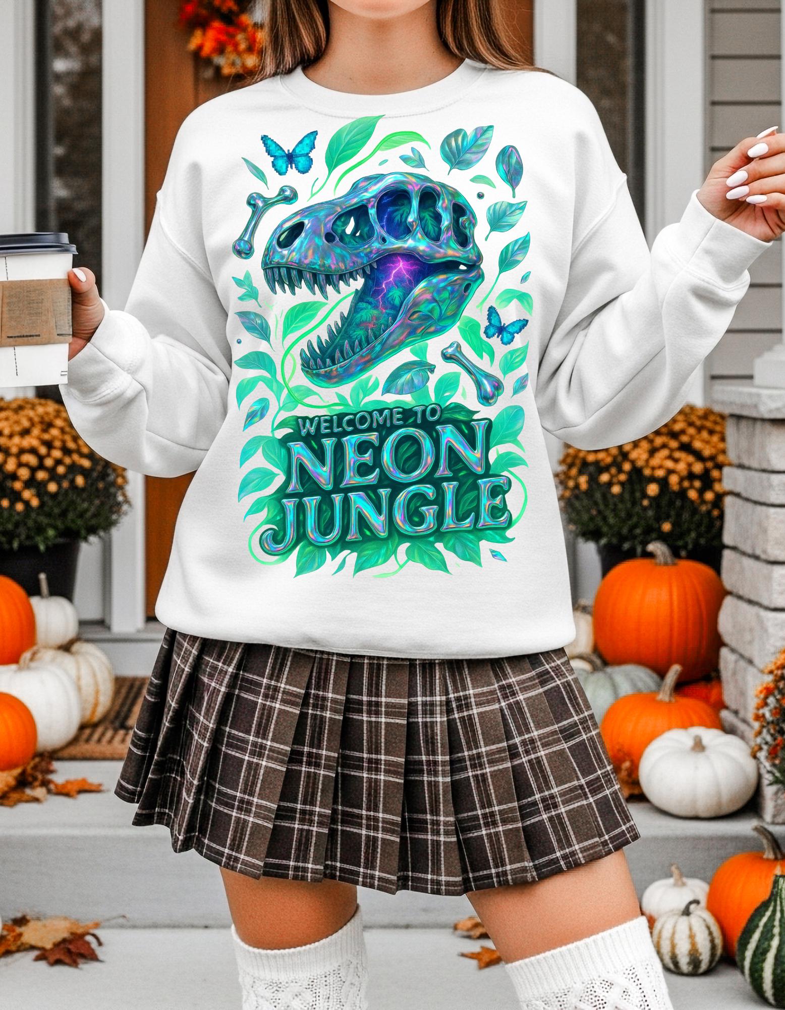 Vibrant Neon Dinosaur Crewneck Sweatshirt: Unique Jungle-Inspired Gift for Nature Lovers