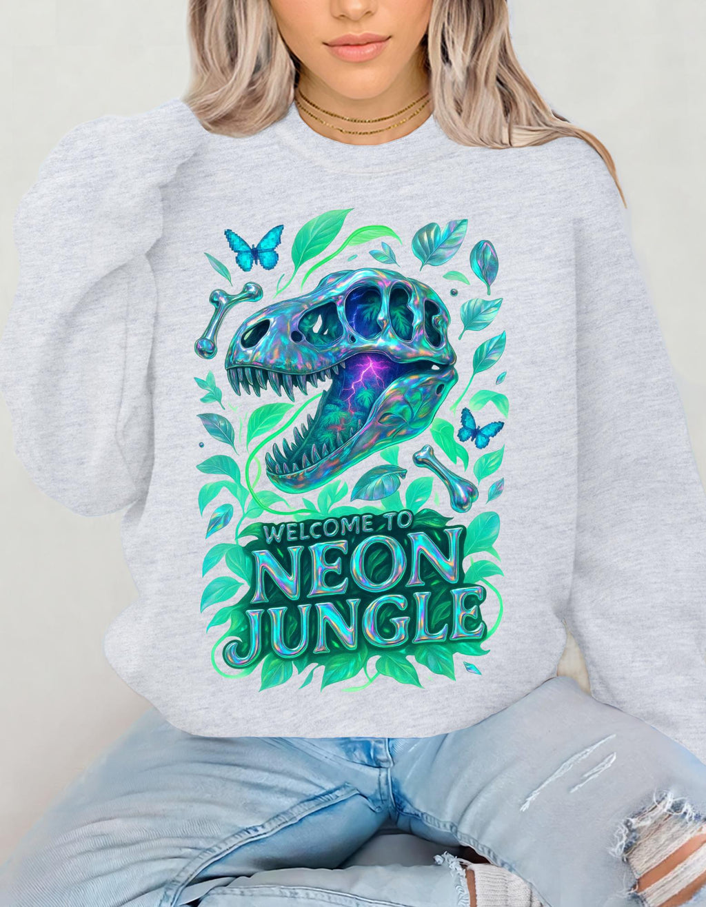 Vibrant Neon Dinosaur Crewneck Sweatshirt: Unique Jungle-Inspired Gift for Nature Lovers