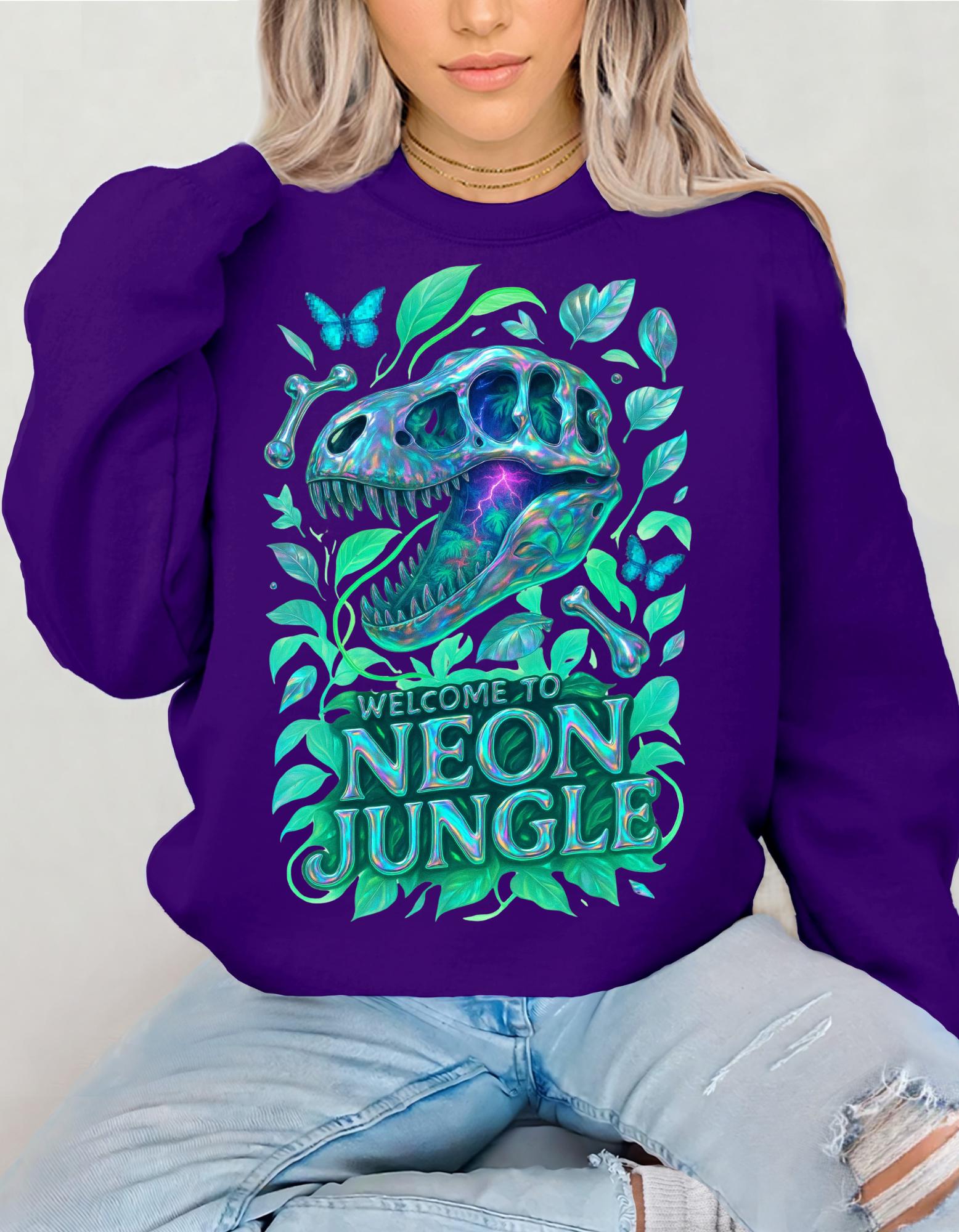Vibrant Neon Dinosaur Crewneck Sweatshirt: Unique Jungle-Inspired Gift for Nature Lovers