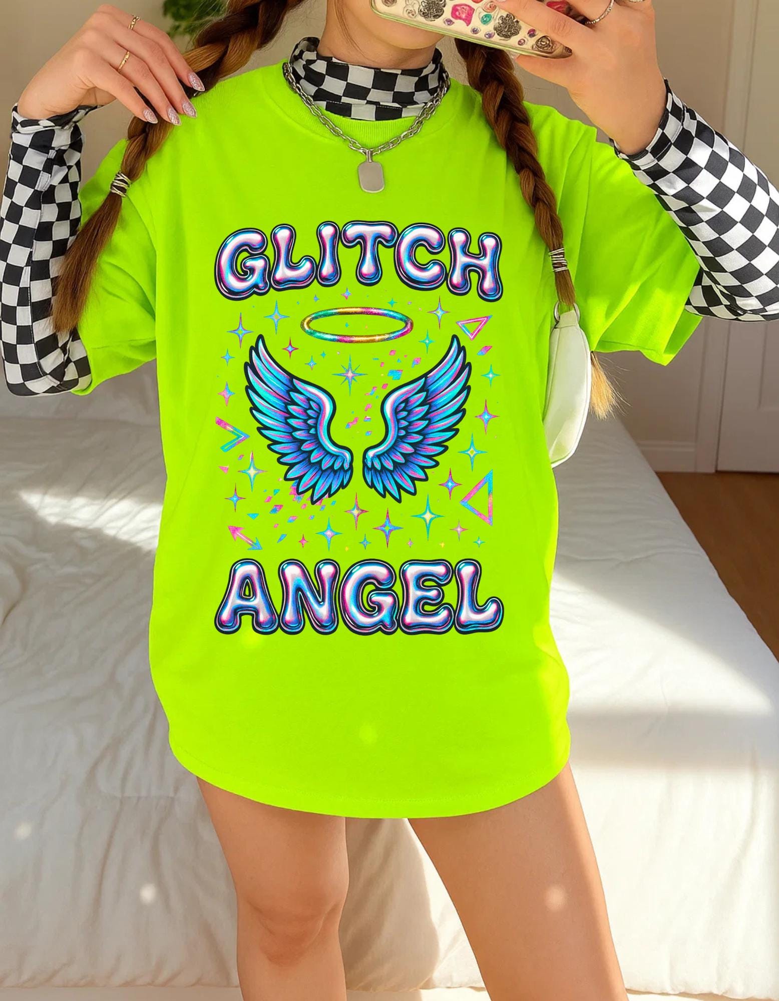 Glitch Angel Graphic Tee: Quirky Winged Unisex Shirt