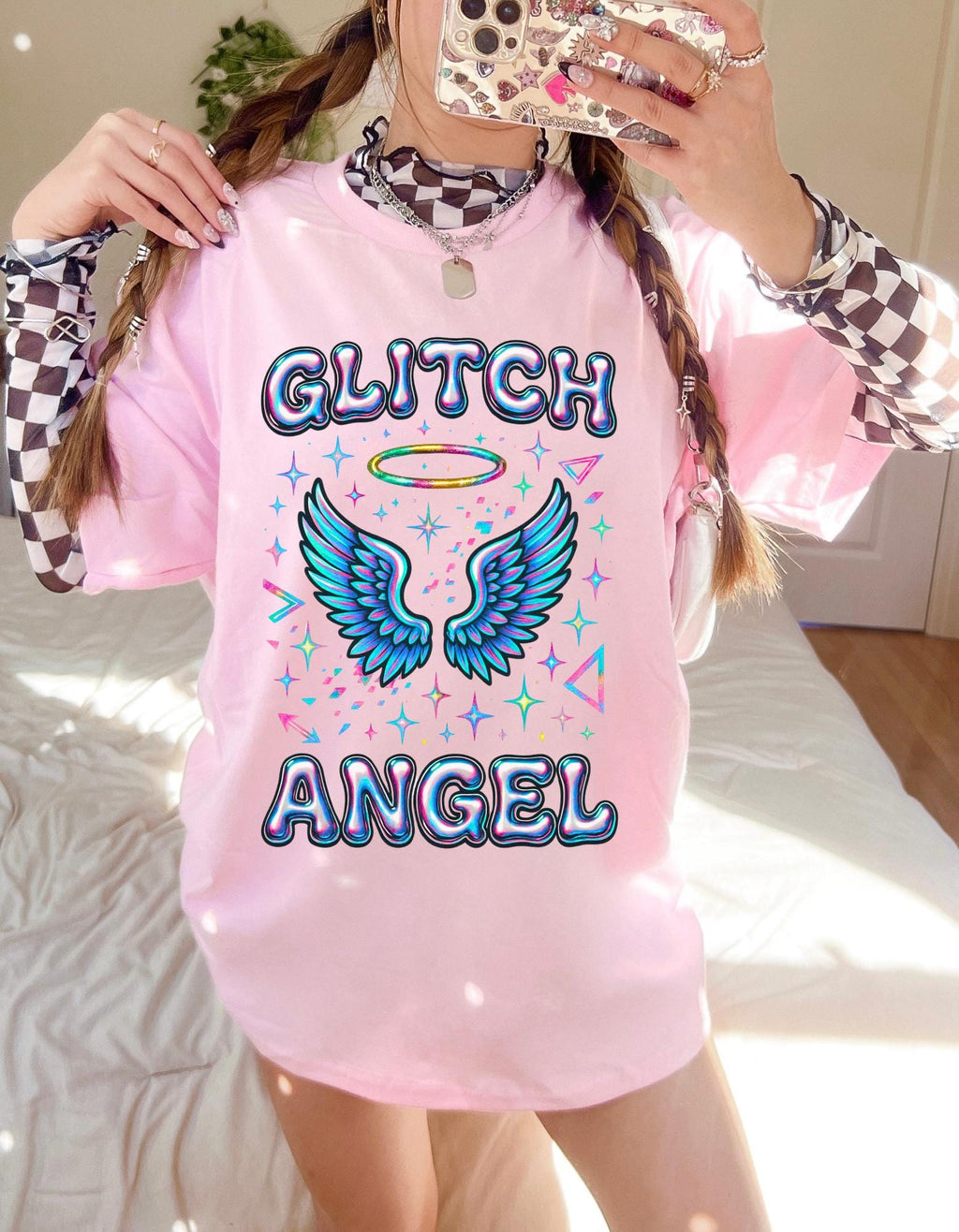 Glitch Angel Graphic Tee: Quirky Winged Unisex Shirt