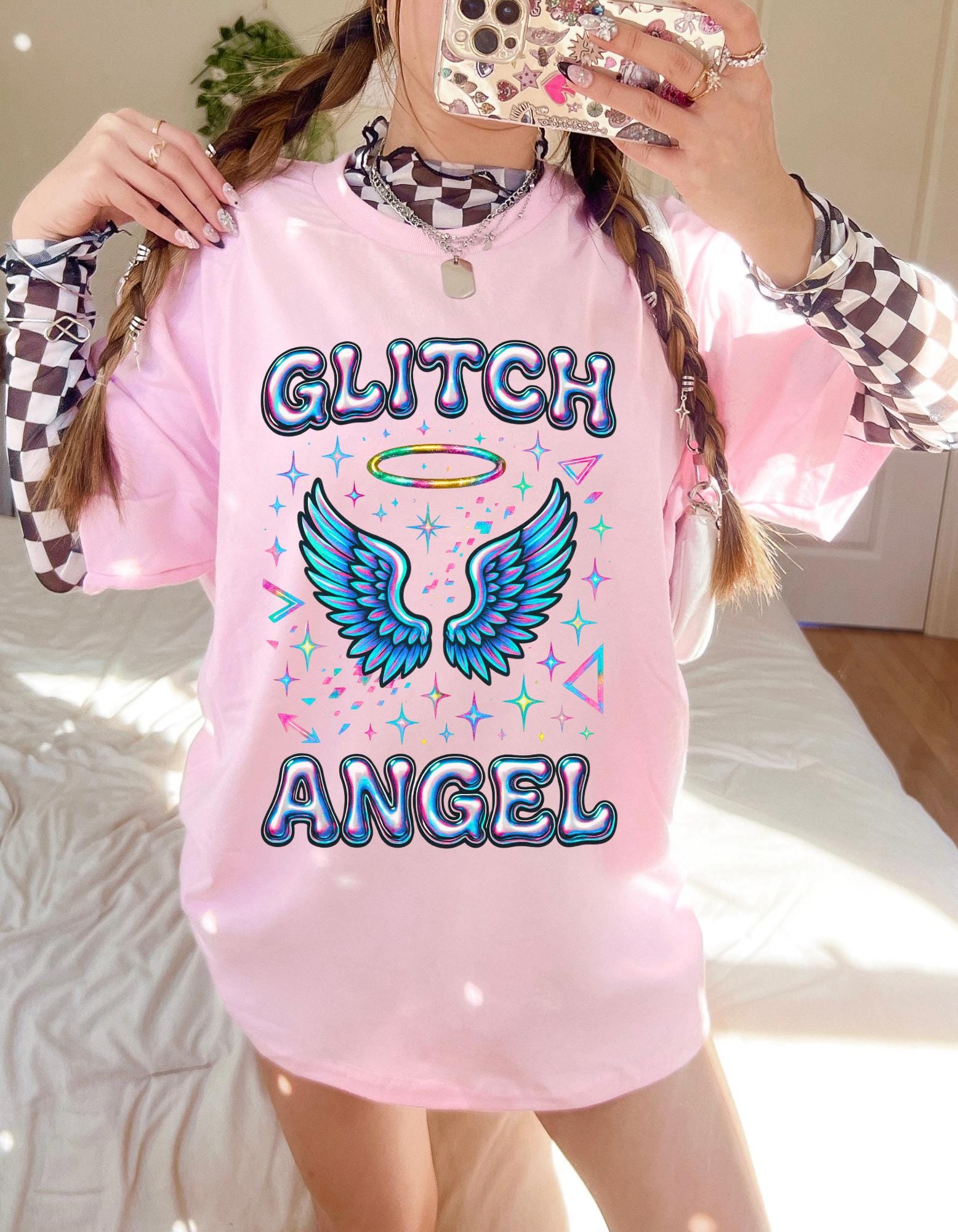 Glitch Angel Graphic Tee: Quirky Winged Unisex Shirt