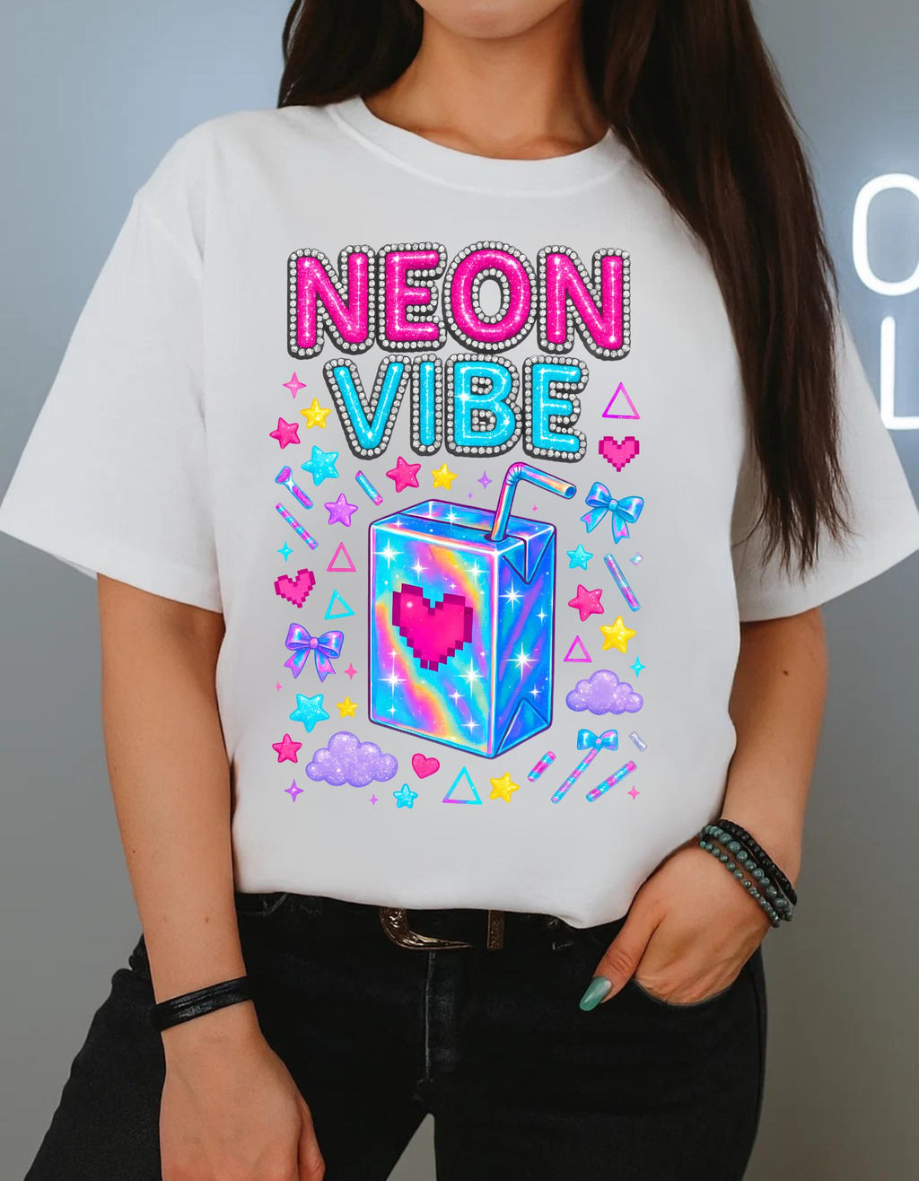 Y2K Neon Chrome Font Tee: Bedazzled 90s Retro Shirt
