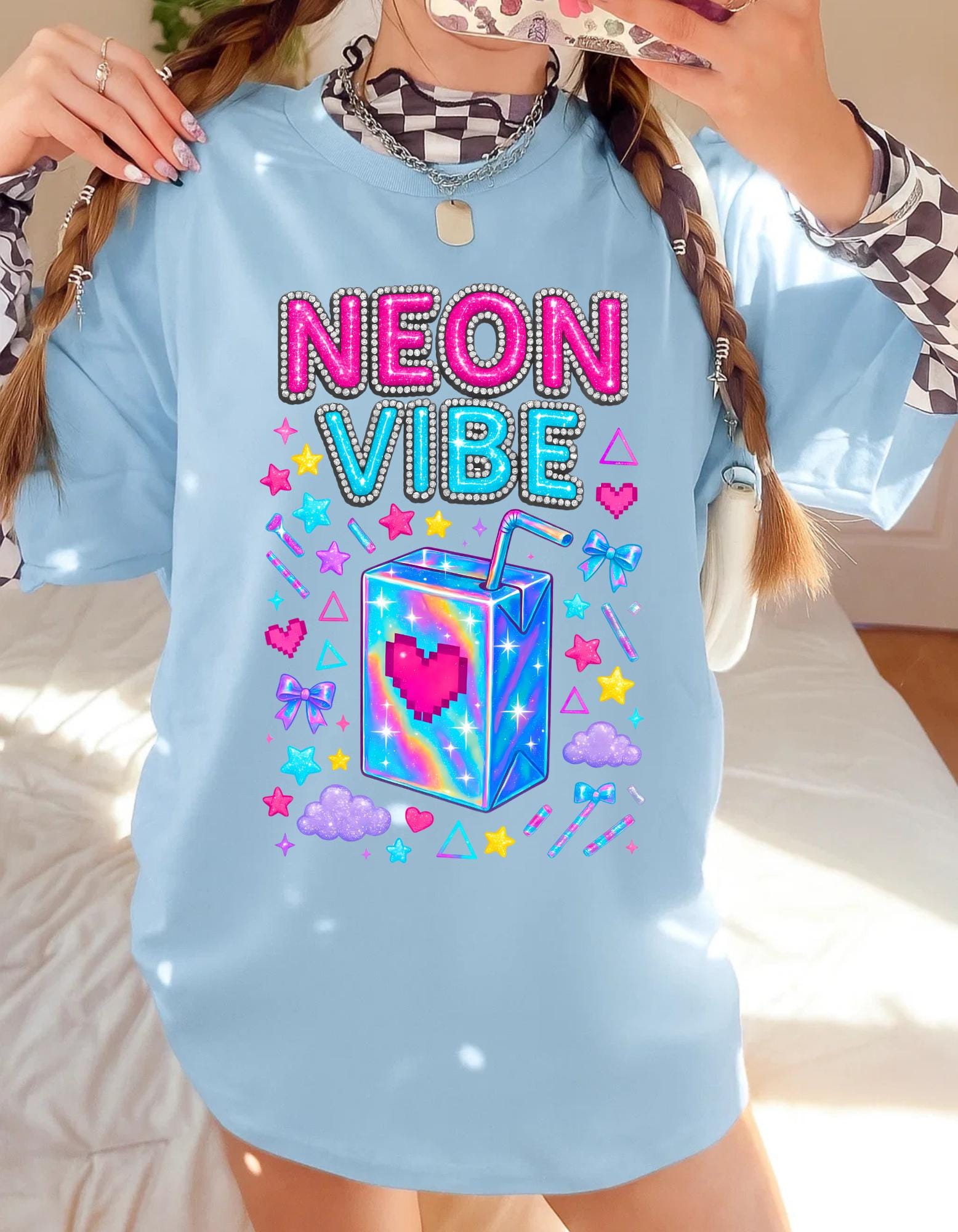 Y2K Neon Chrome Font Tee: Bedazzled 90s Retro Shirt