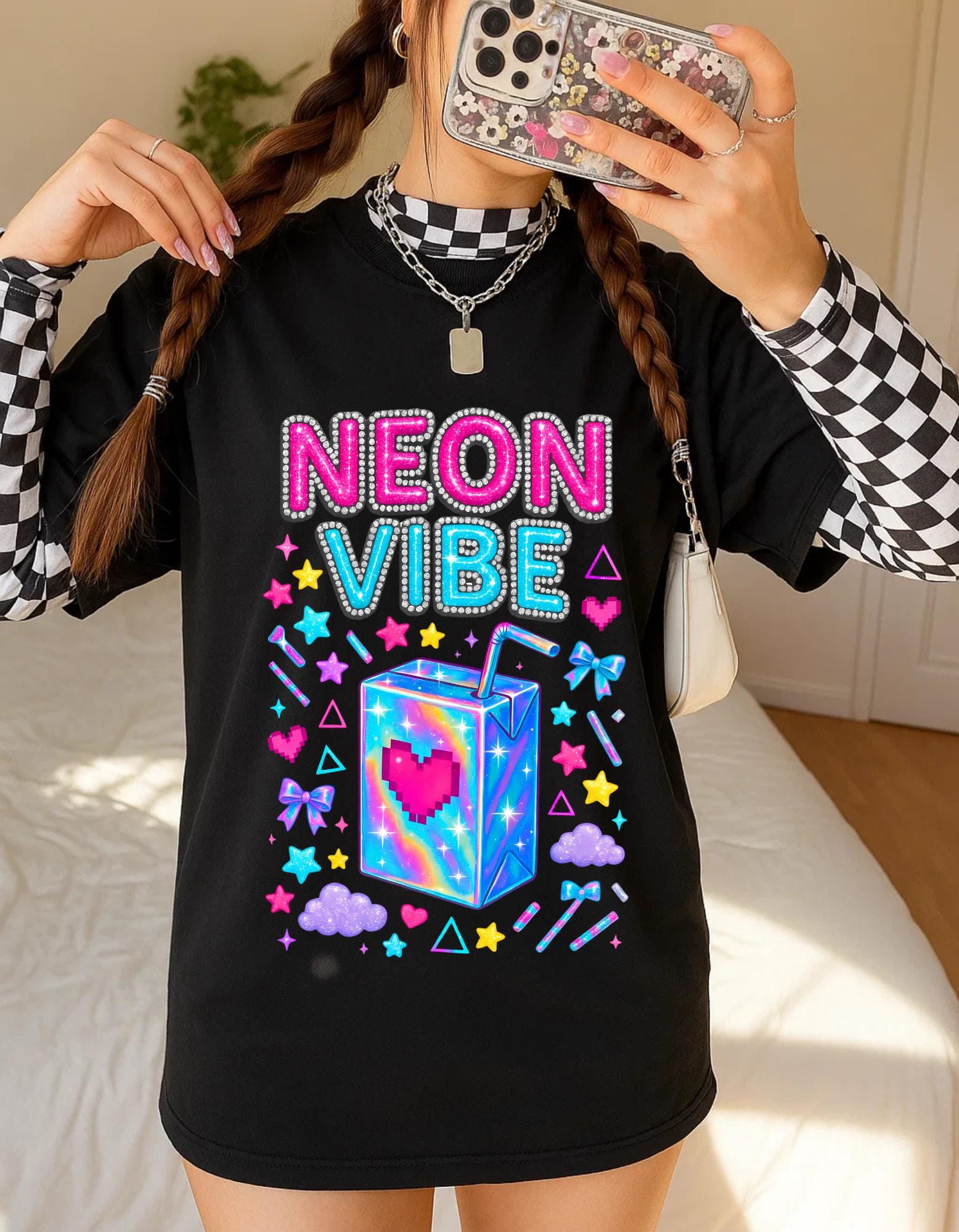 Y2K Neon Chrome Font Tee: Bedazzled 90s Retro Shirt
