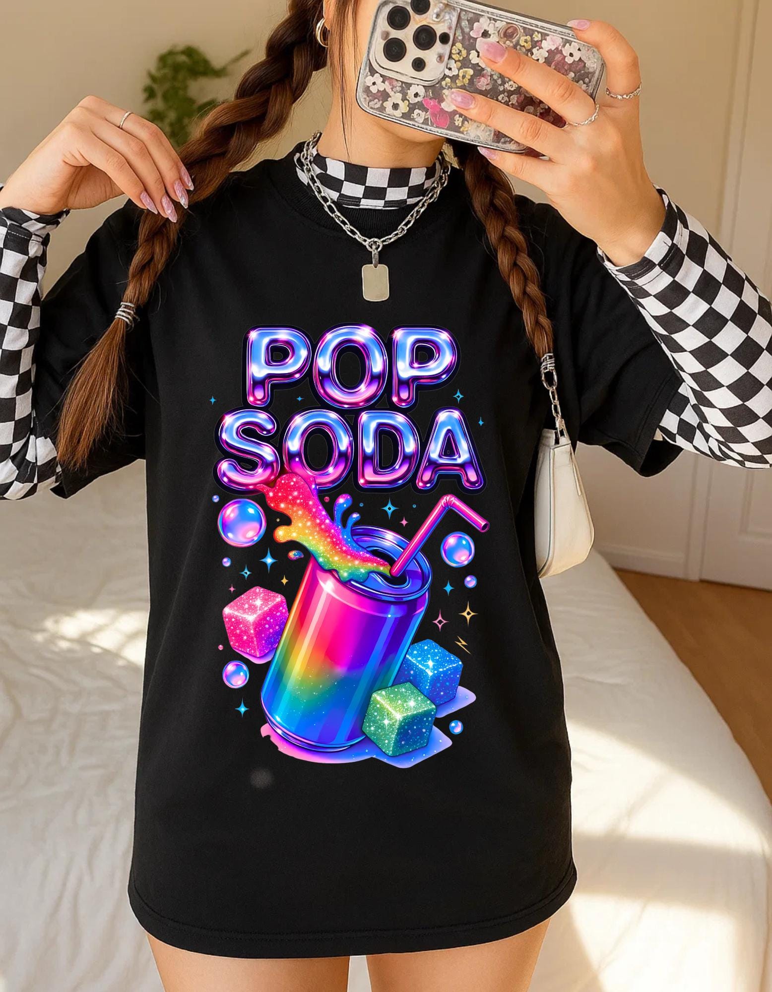 Y2K Holographic Soda Pop Chrome Candy Retro Graphic T-Shirt Unisex Cotton Tee