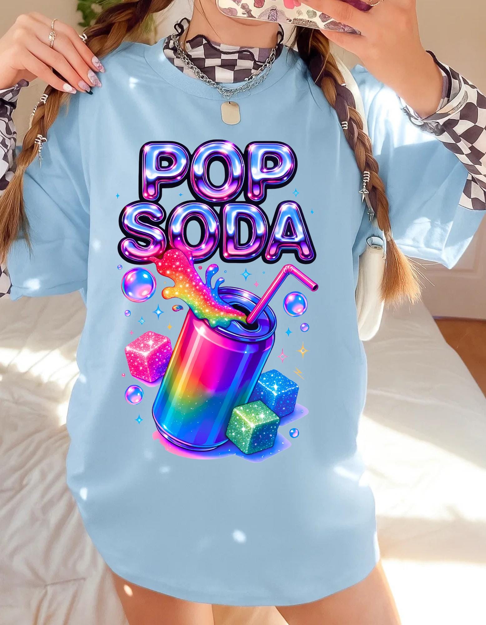 Y2K Holographic Soda Pop Chrome Candy Retro Graphic T-Shirt Unisex Cotton Tee