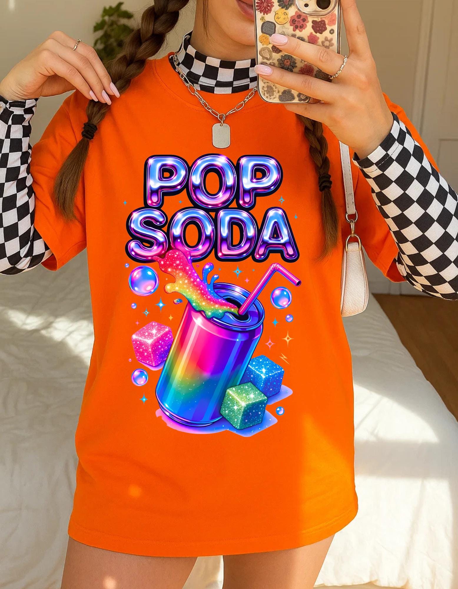Y2K Holographic Soda Pop Chrome Candy Retro Graphic T-Shirt Unisex Cotton Tee