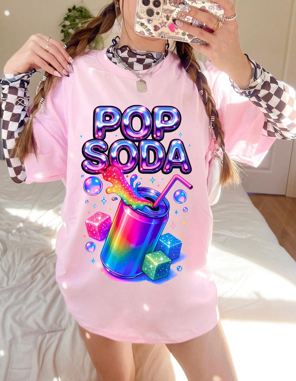 Y2K Holographic Soda Pop Chrome Candy Retro Graphic T-Shirt Unisex Cotton Tee