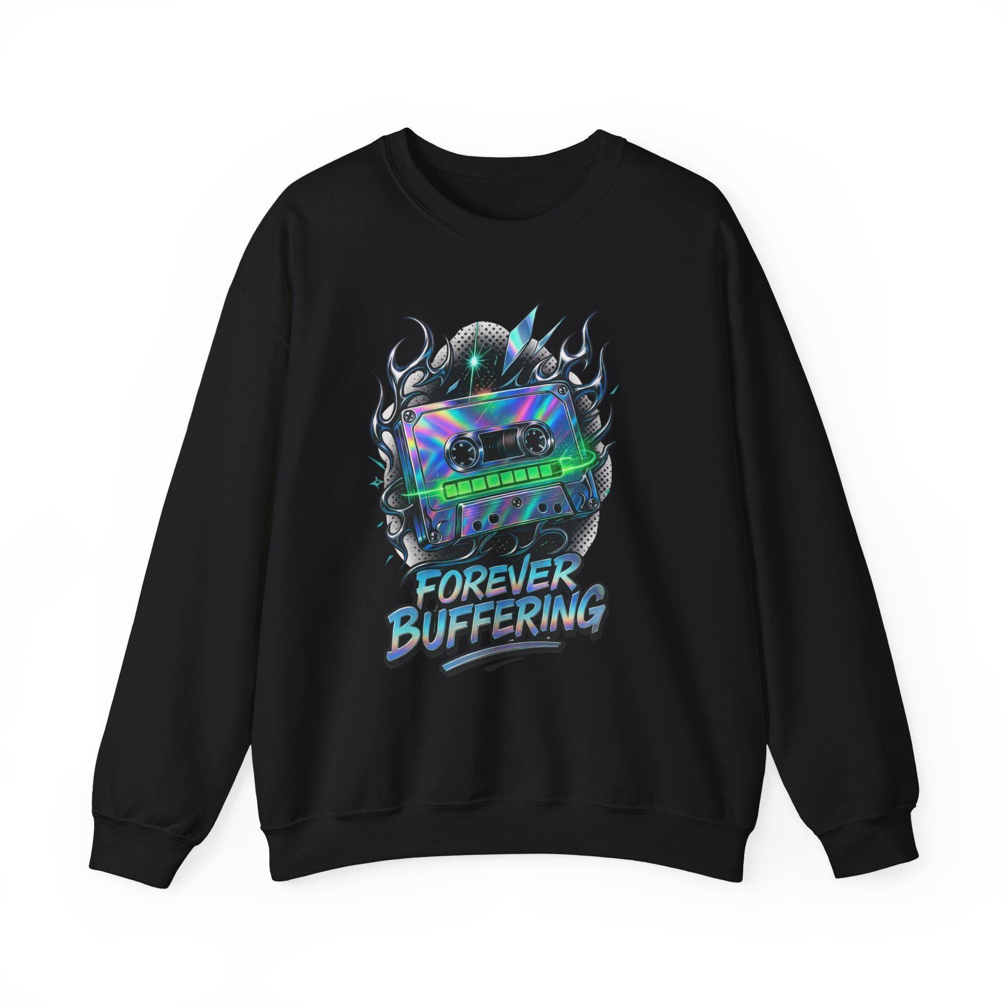 Y2K Mixed Tape Crewneck: Retro 90s 'Forever Buffering' Nostalgic Tech Fashion Sweatshirt