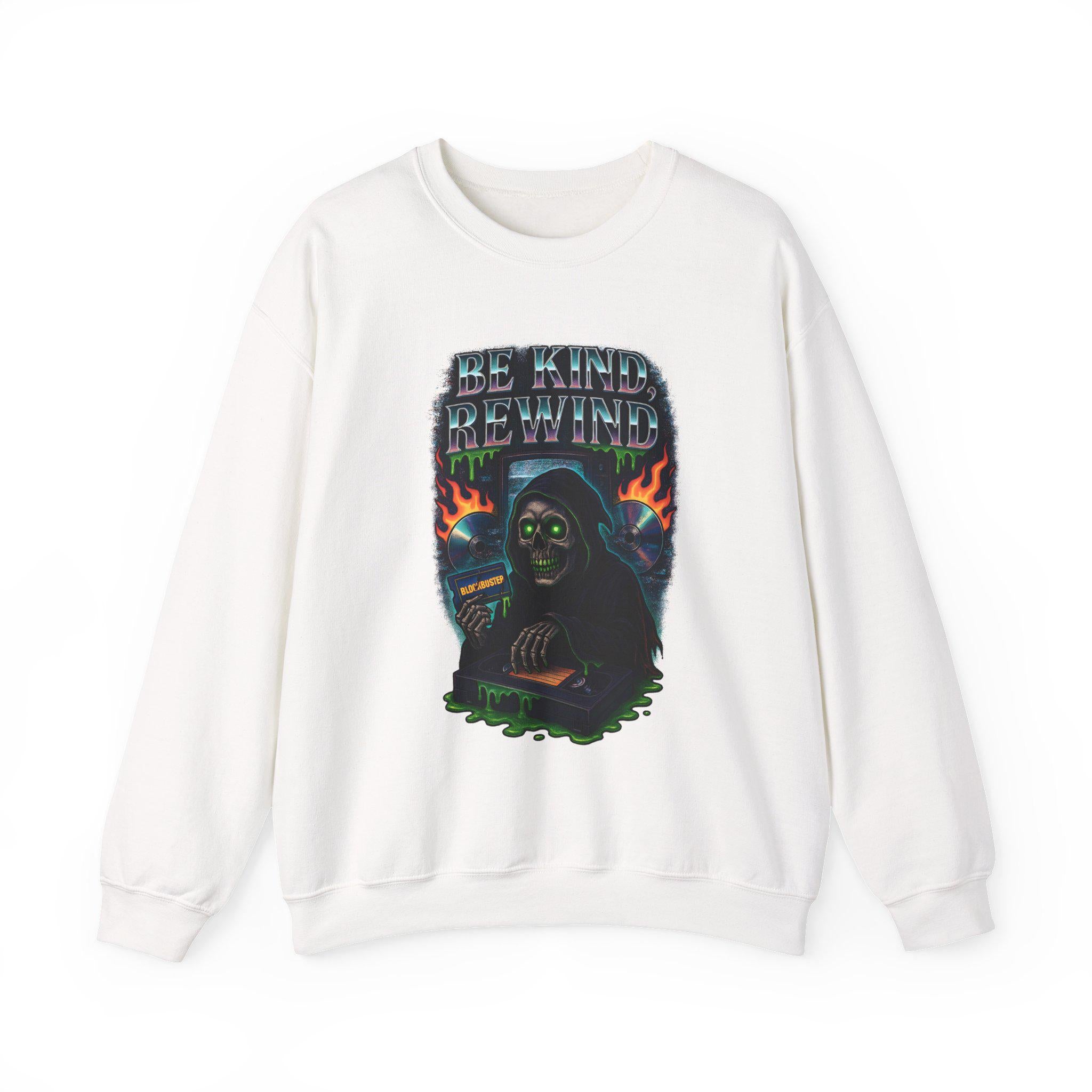 Retro 'Be Kind Rewind' Halloween Sweatshirt: Creepy Vintage Pullover