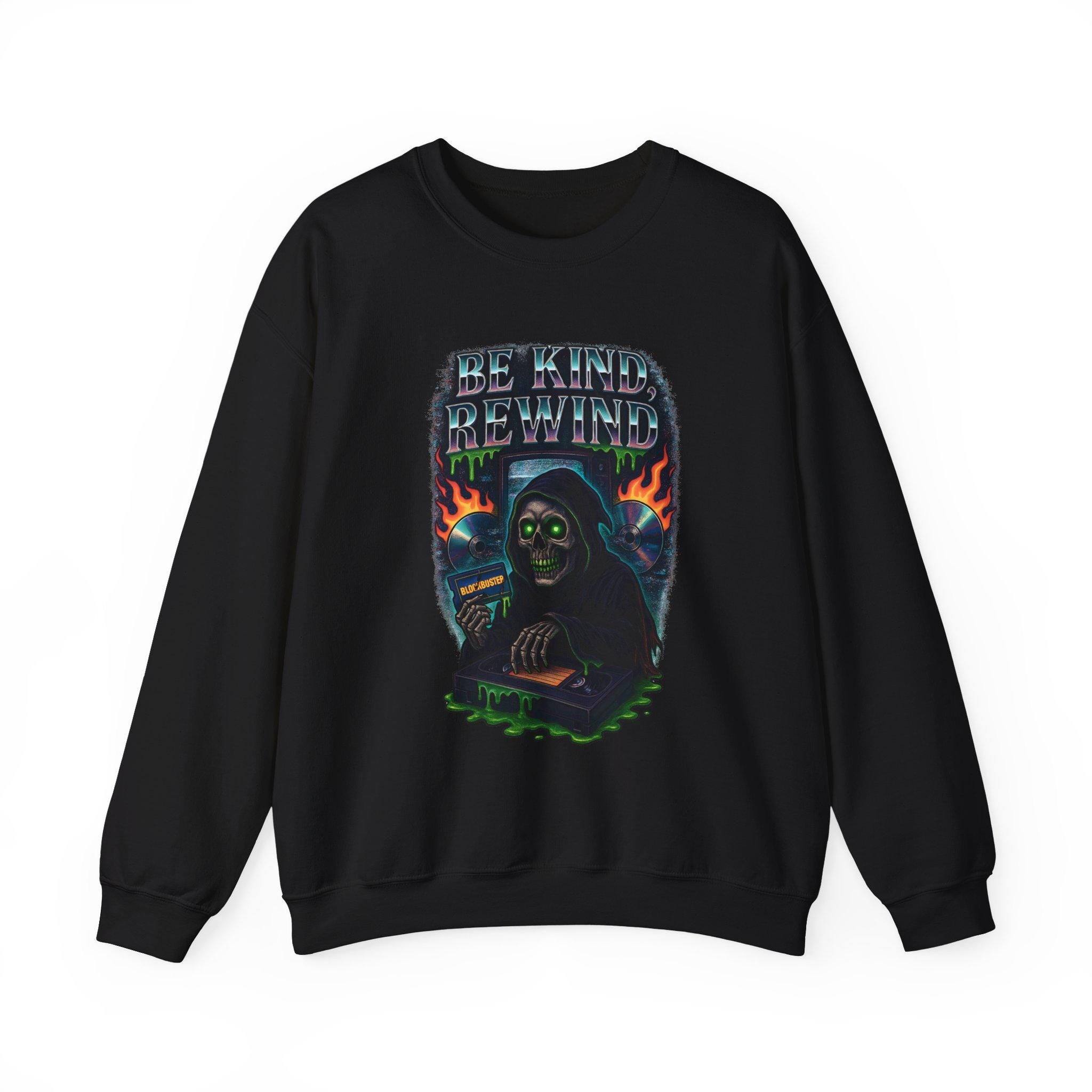 Retro 'Be Kind Rewind' Halloween Sweatshirt: Creepy Vintage Pullover