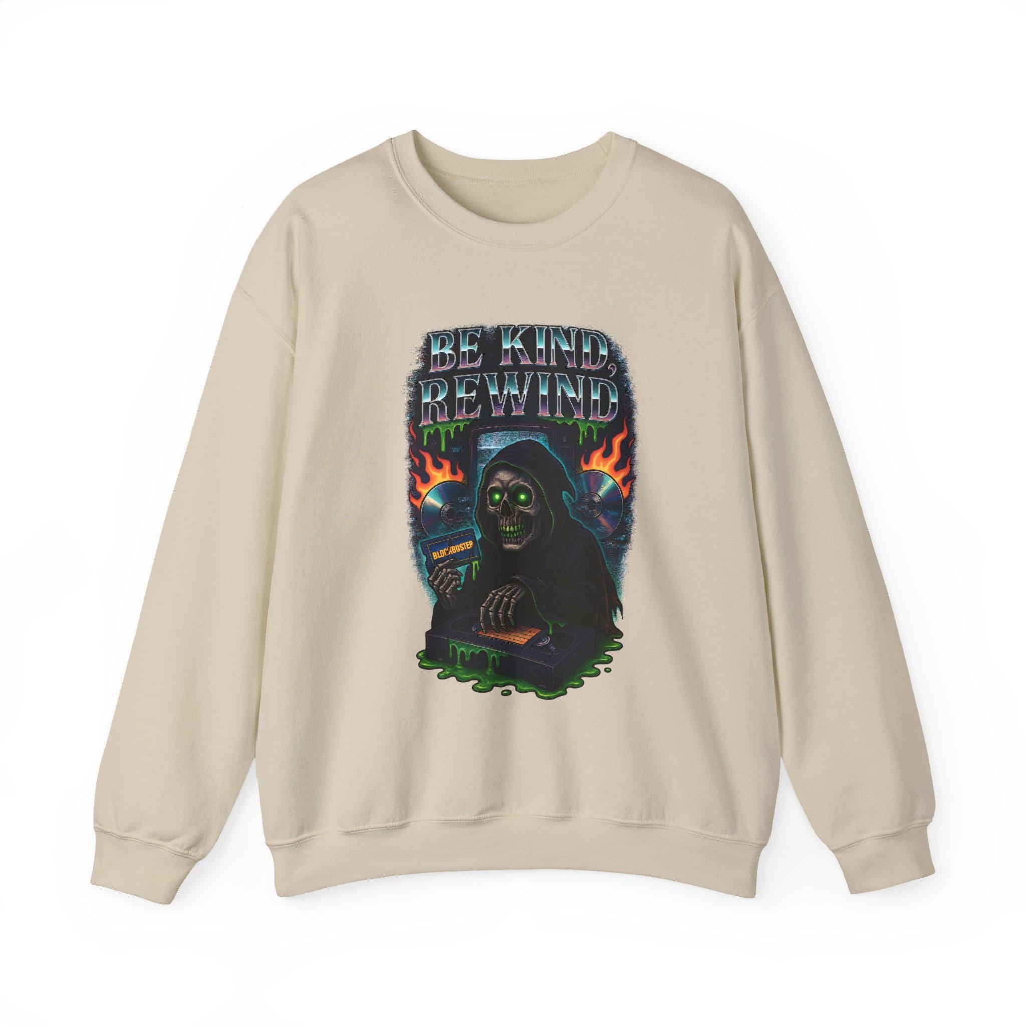 Retro 'Be Kind Rewind' Halloween Sweatshirt: Creepy Vintage Pullover