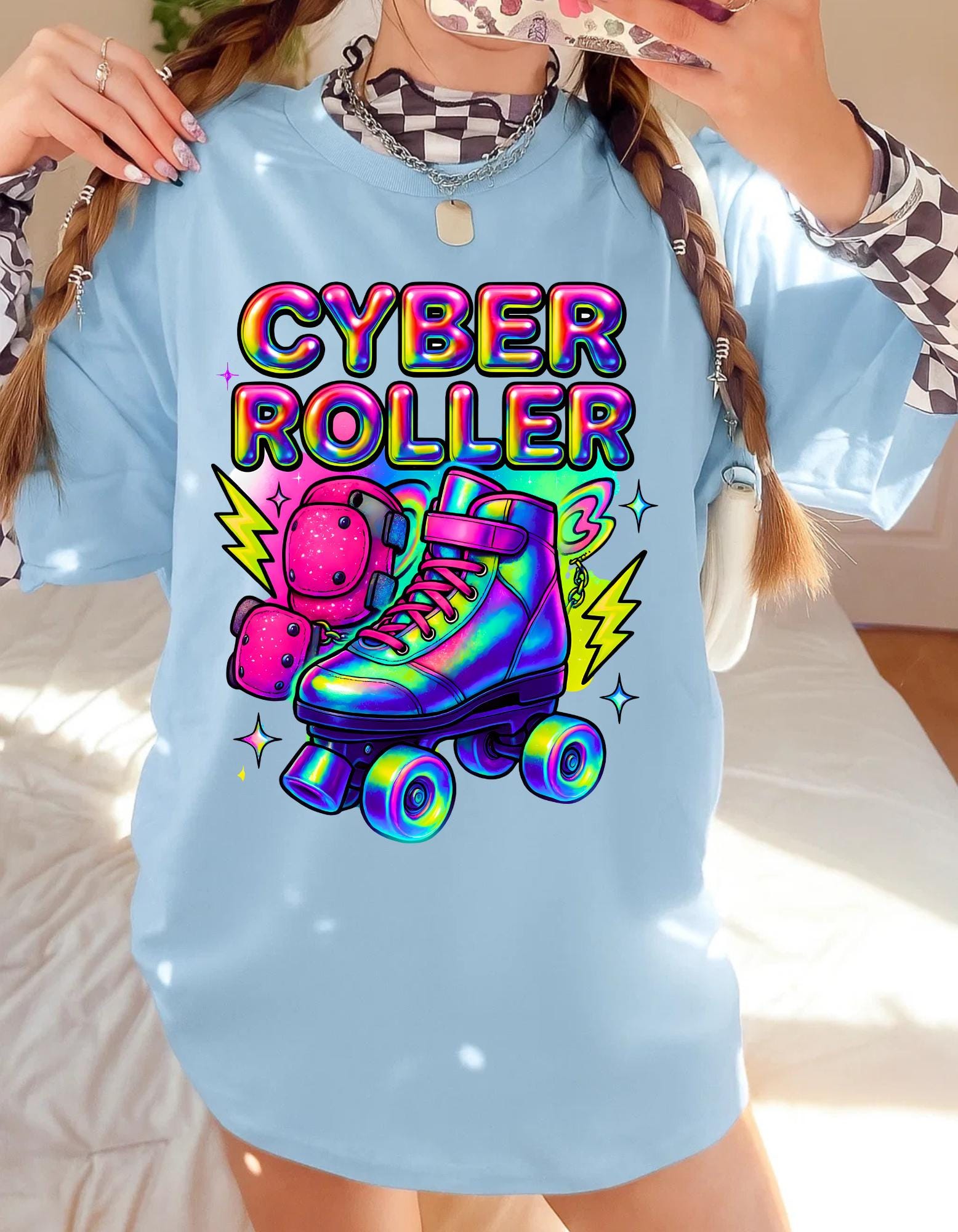 Y2K Rainbow Roller Skate Tee Cyber Chrome Party Shirt Neon Colorful Unisex Cotton Top