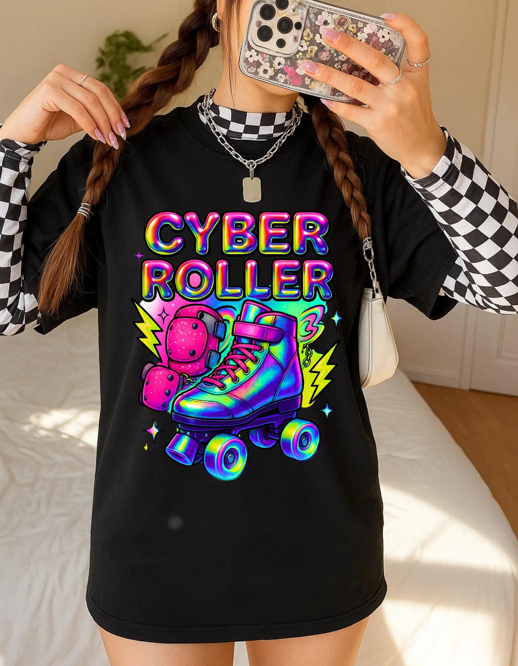 Y2K Rainbow Roller Skate Tee Cyber Chrome Party Shirt Neon Colorful Unisex Cotton Top