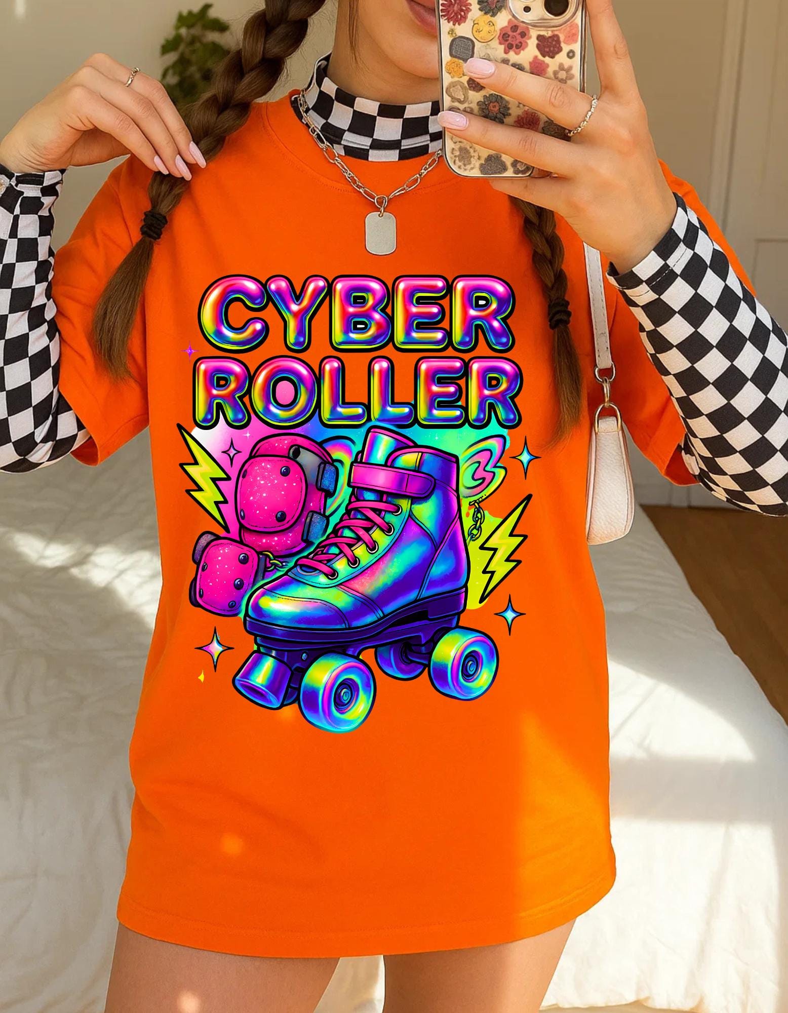 Y2K Rainbow Roller Skate Tee Cyber Chrome Party Shirt Neon Colorful Unisex Cotton Top