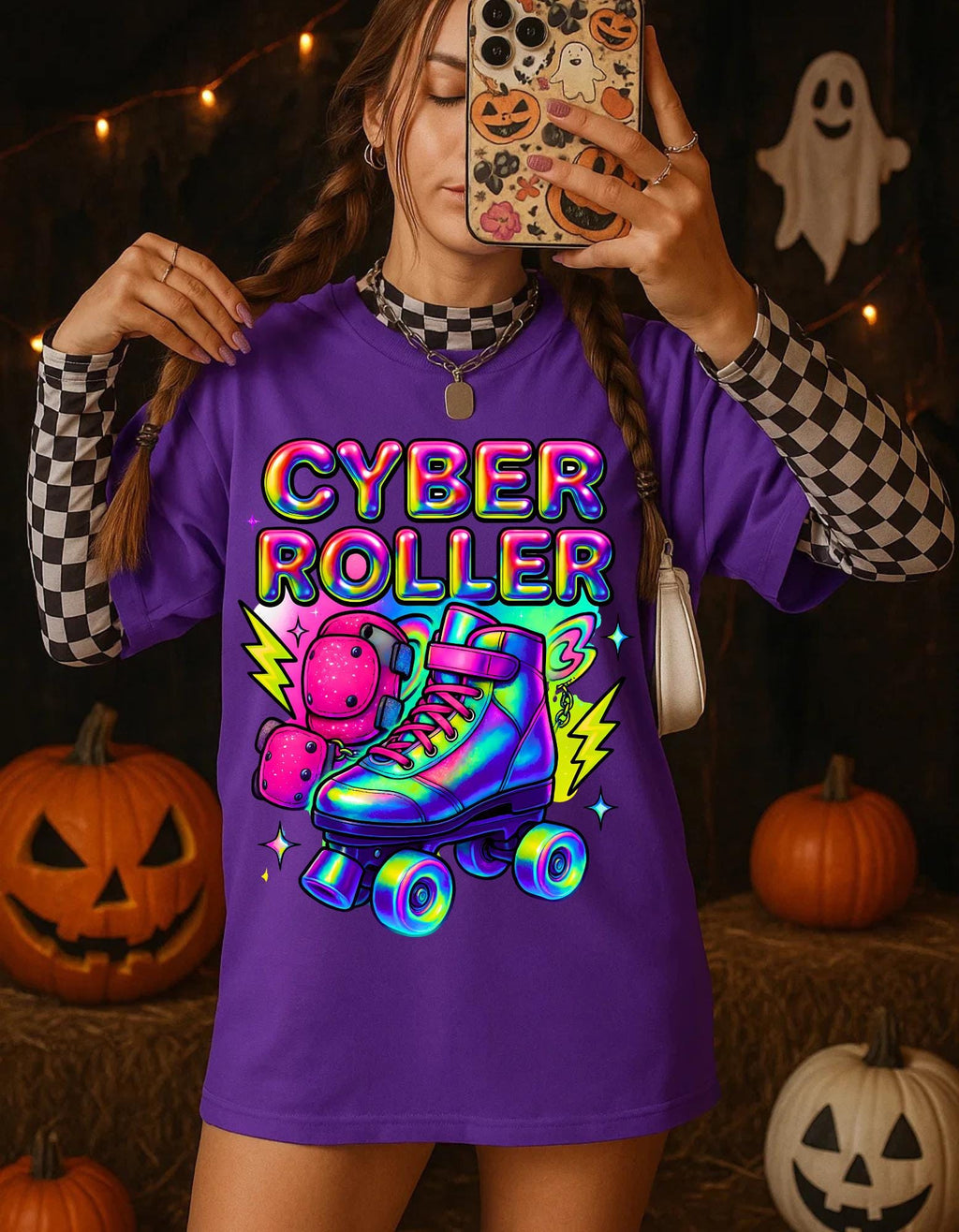 Y2K Rainbow Roller Skate Tee Cyber Chrome Party Shirt Neon Colorful Unisex Cotton Top