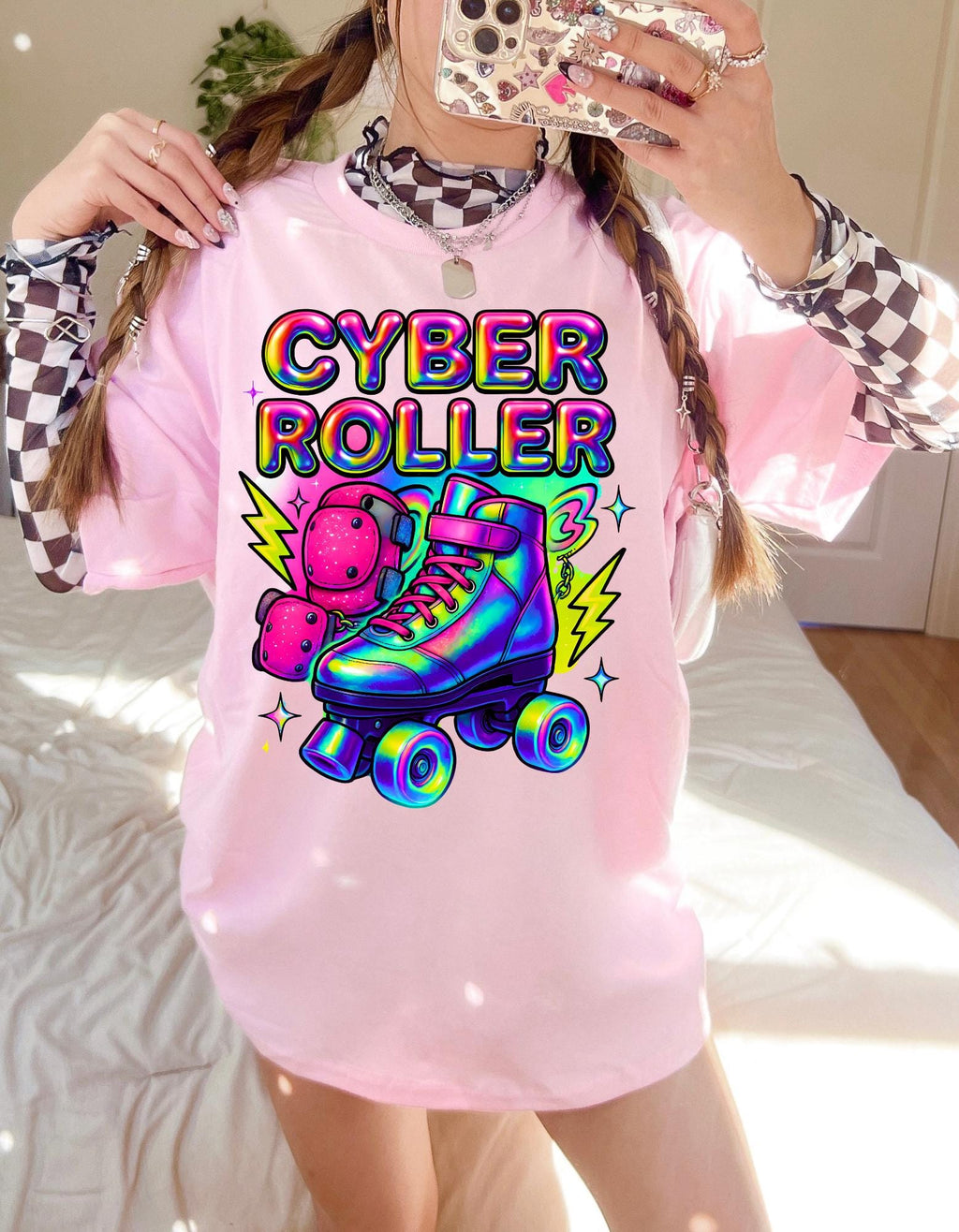 Y2K Rainbow Roller Skate Tee Cyber Chrome Party Shirt Neon Colorful Unisex Cotton Top