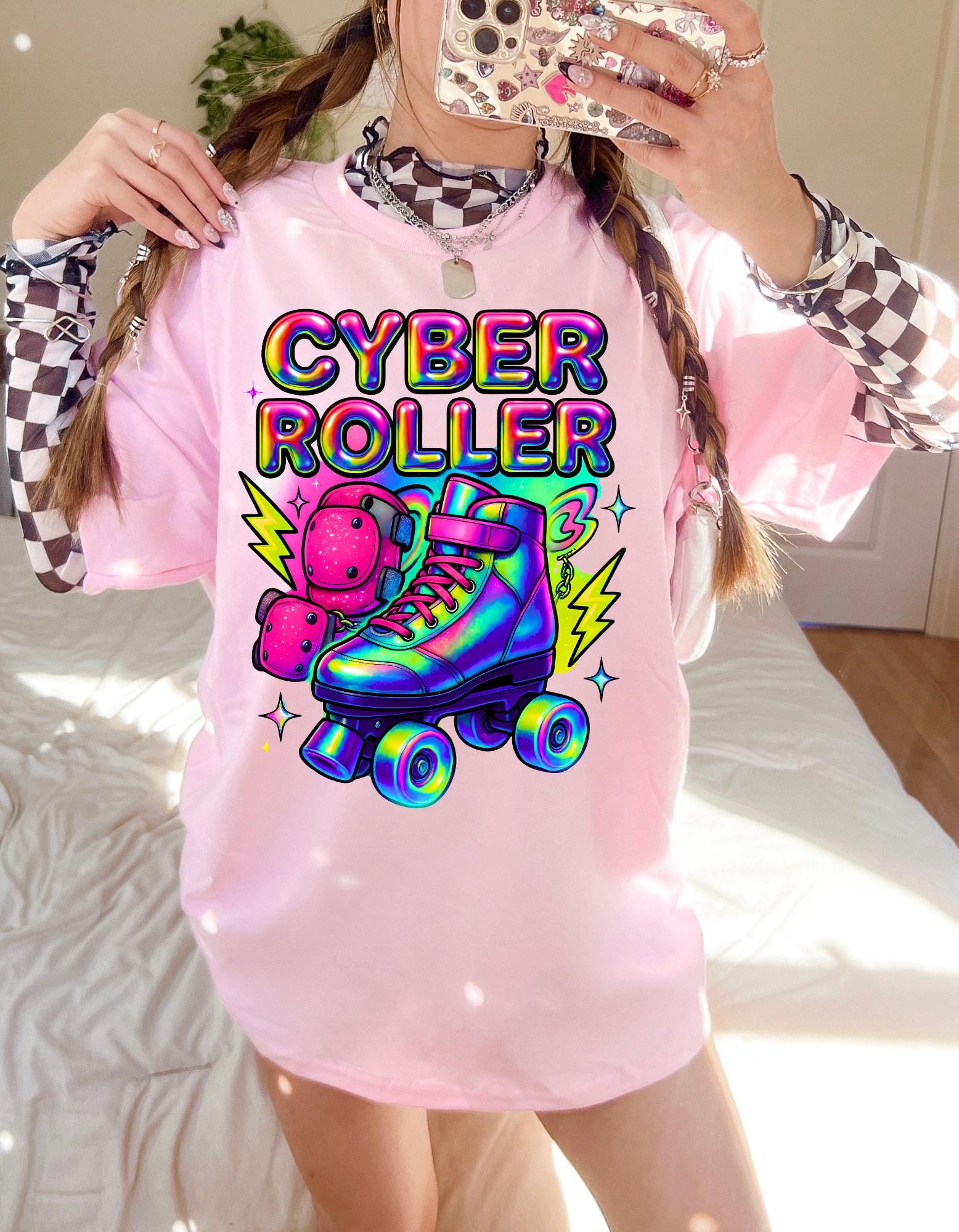 Y2K Rainbow Roller Skate Tee Cyber Chrome Party Shirt Neon Colorful Unisex Cotton Top