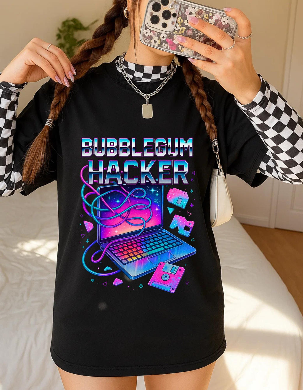 Bubblegum Hacker Tee: Retro Gamer Shirt, Cyberpunk Fashion