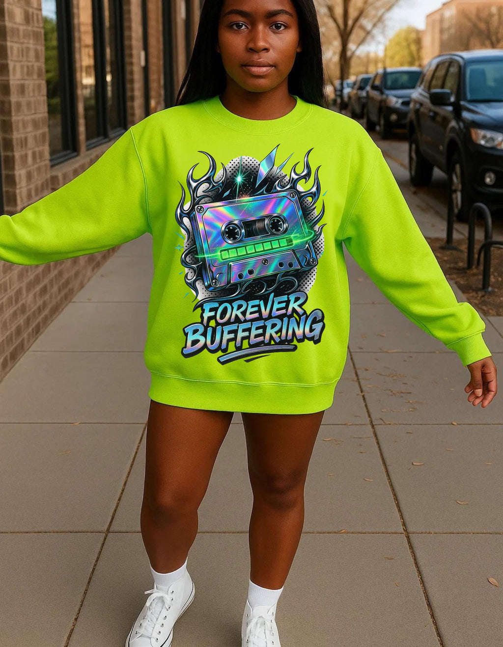Y2K Mixed Tape Crewneck: Retro 90s 'Forever Buffering' Nostalgic Tech Fashion Sweatshirt