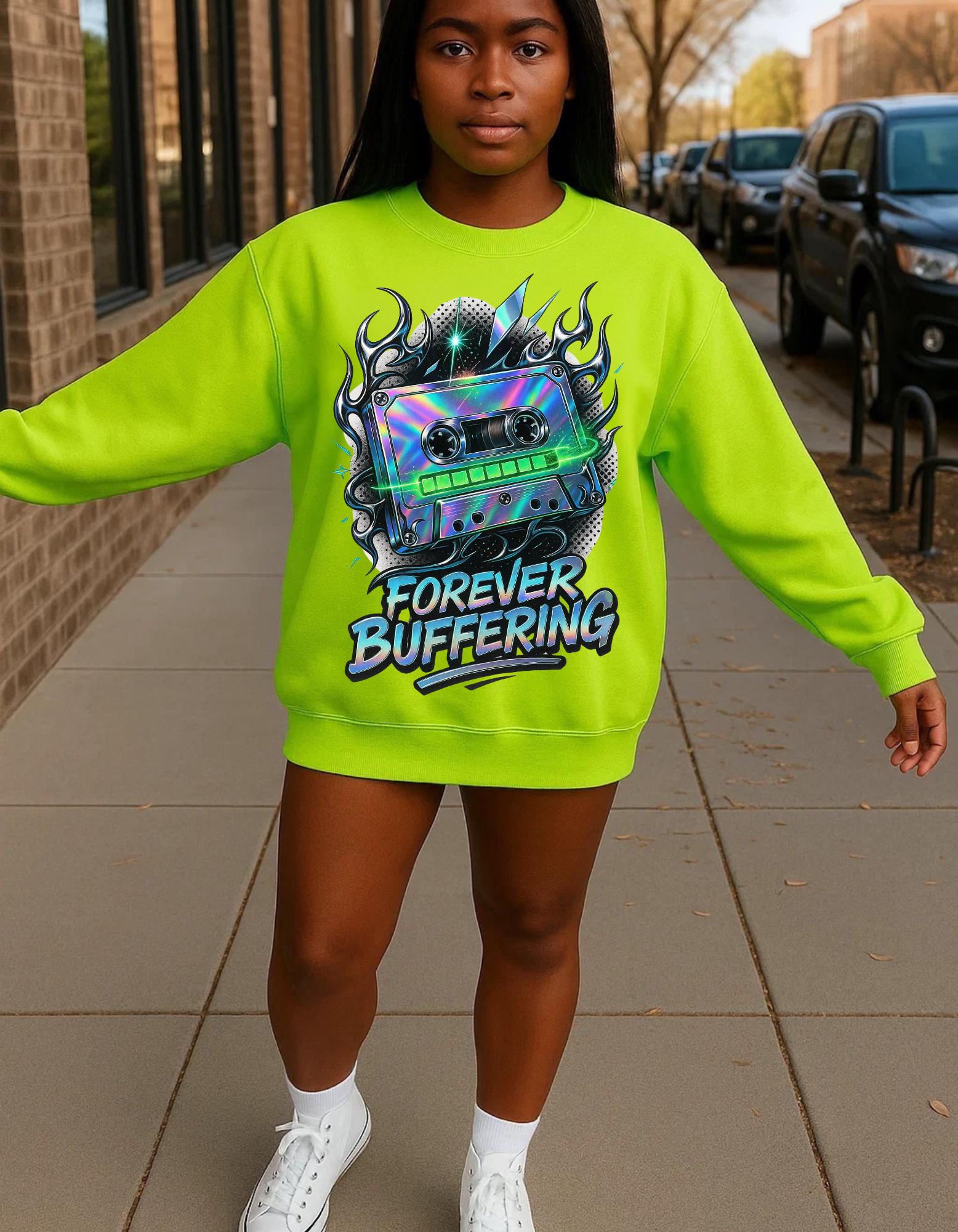 Y2K Mixed Tape Crewneck: Retro 90s 'Forever Buffering' Nostalgic Tech Fashion Sweatshirt