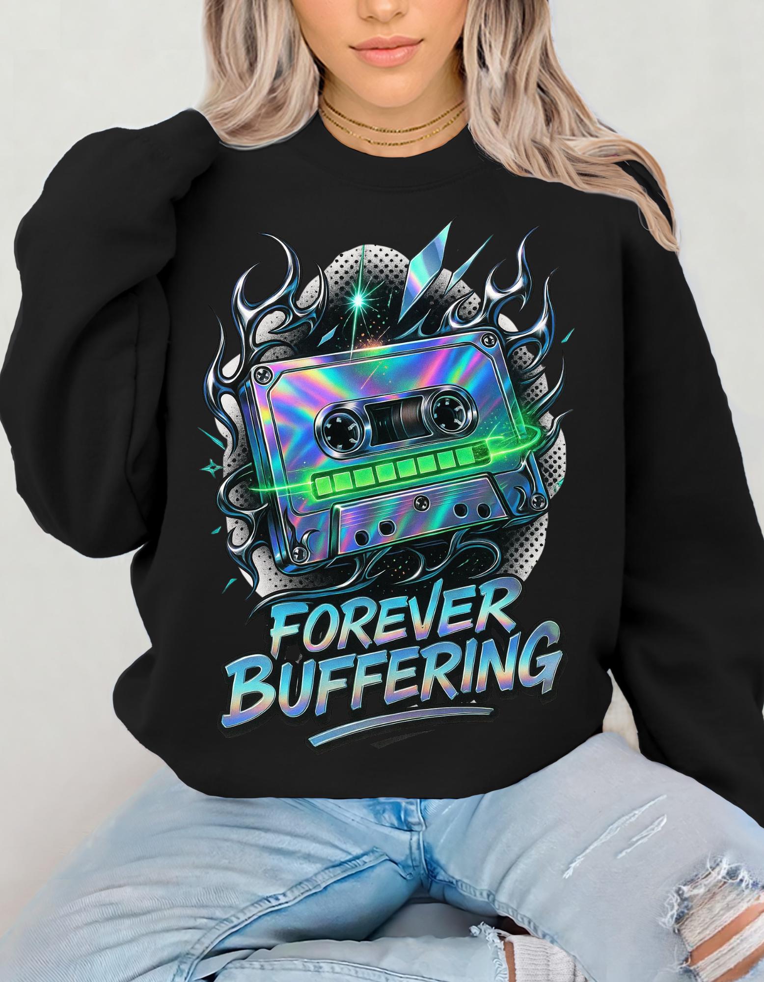 Y2K Mixed Tape Crewneck: Retro 90s 'Forever Buffering' Nostalgic Tech Fashion Sweatshirt