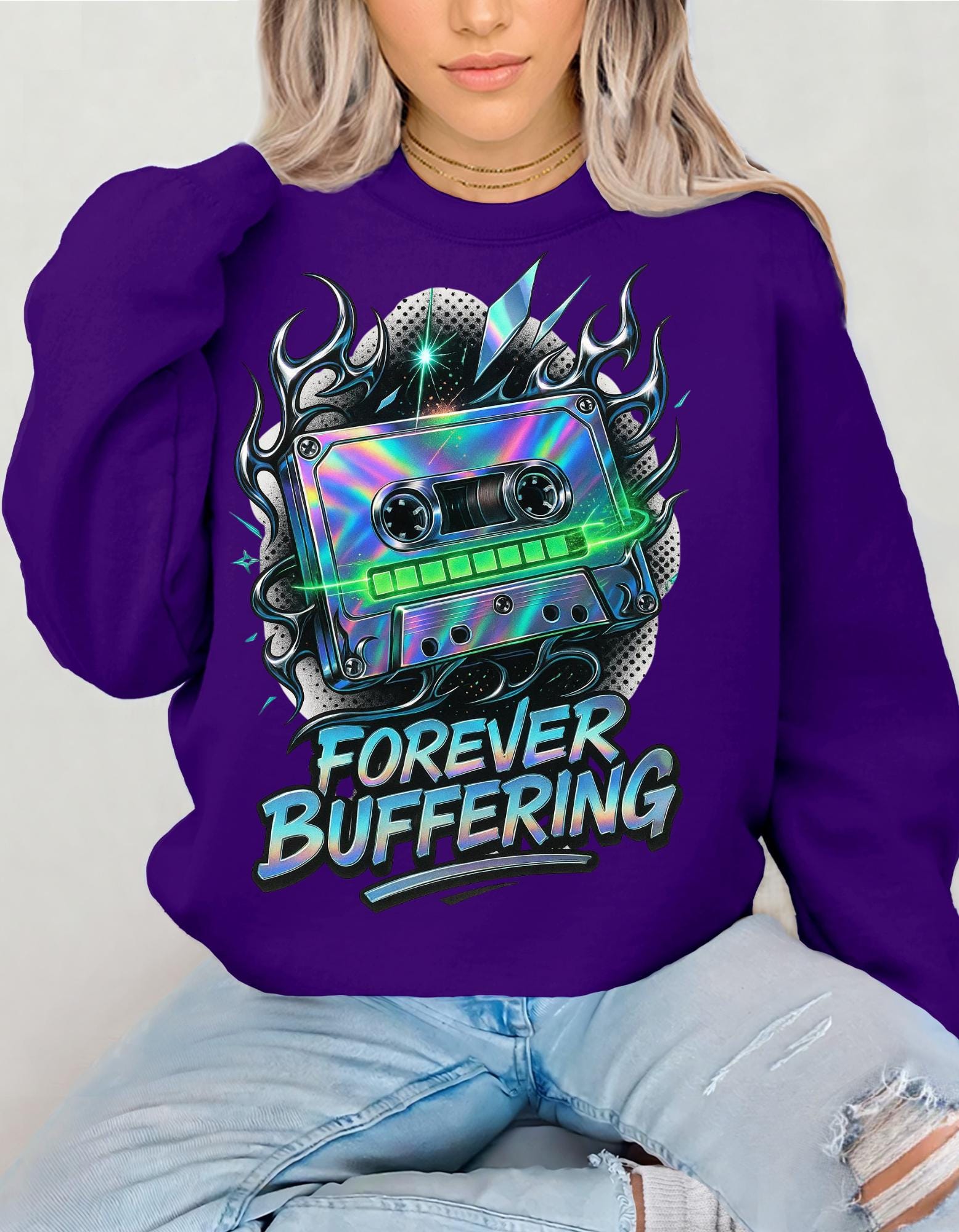 Y2K Mixed Tape Crewneck: Retro 90s 'Forever Buffering' Nostalgic Tech Fashion Sweatshirt
