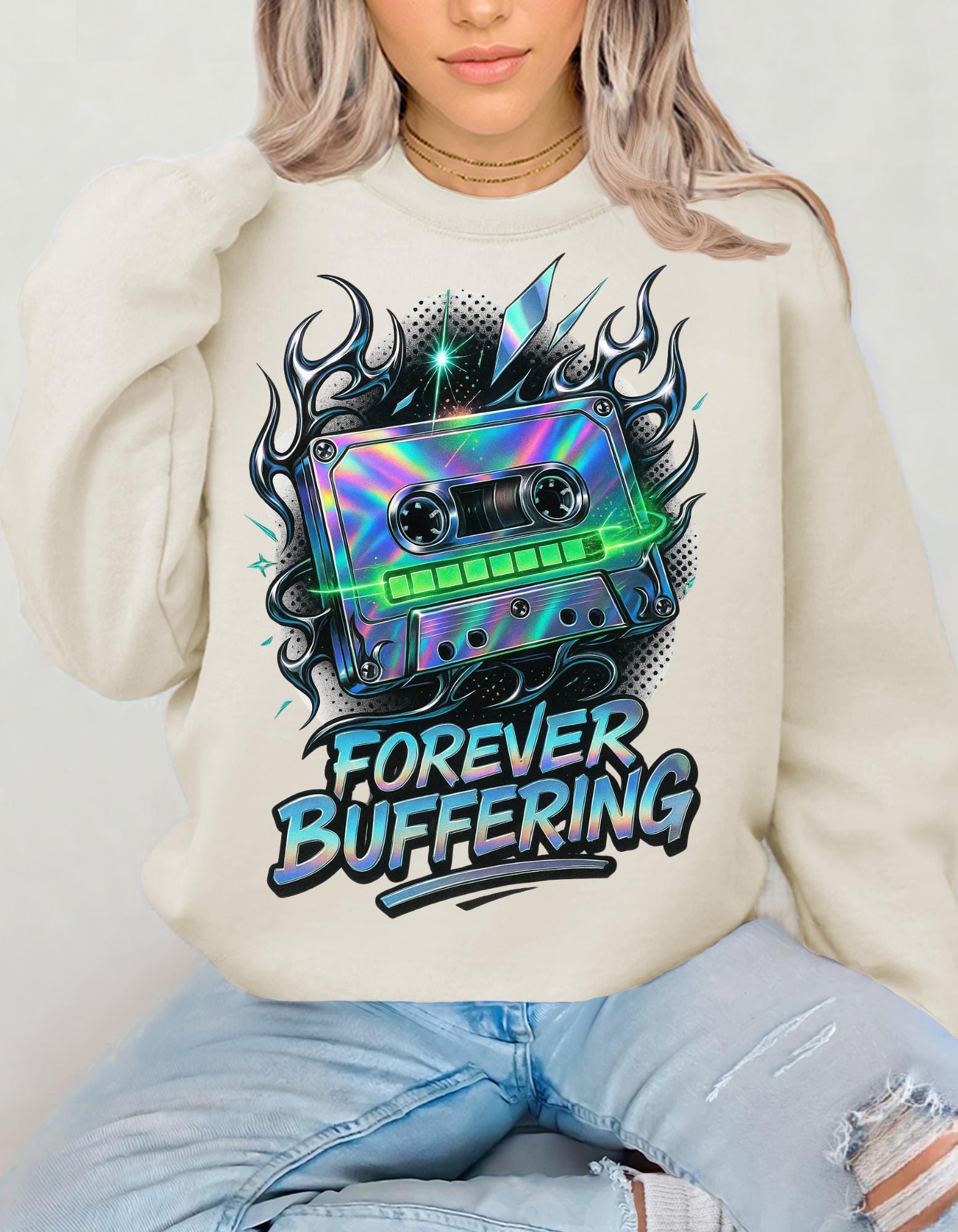 Y2K Mixed Tape Crewneck: Retro 90s 'Forever Buffering' Nostalgic Tech Fashion Sweatshirt