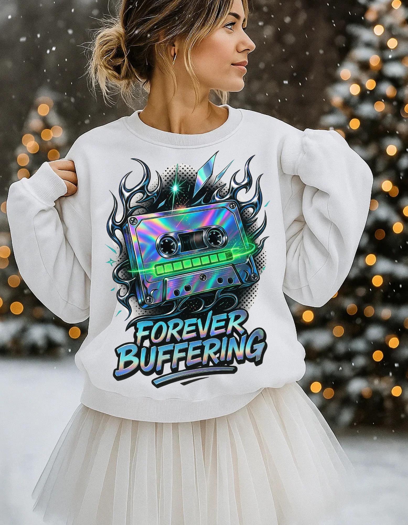 Y2K Mixed Tape Crewneck: Retro 90s 'Forever Buffering' Nostalgic Tech Fashion Sweatshirt