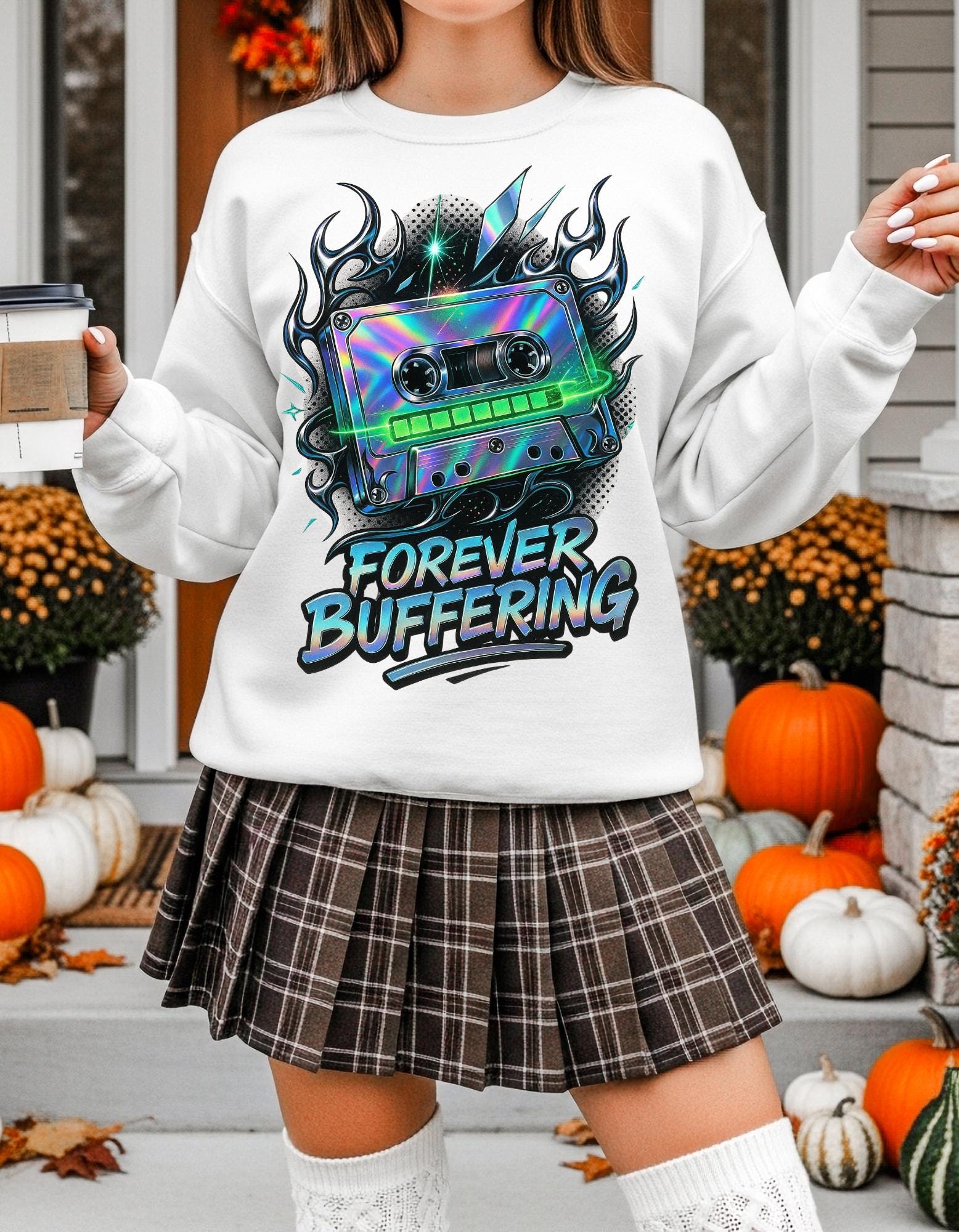 Y2K Mixed Tape Crewneck: Retro 90s 'Forever Buffering' Nostalgic Tech Fashion Sweatshirt