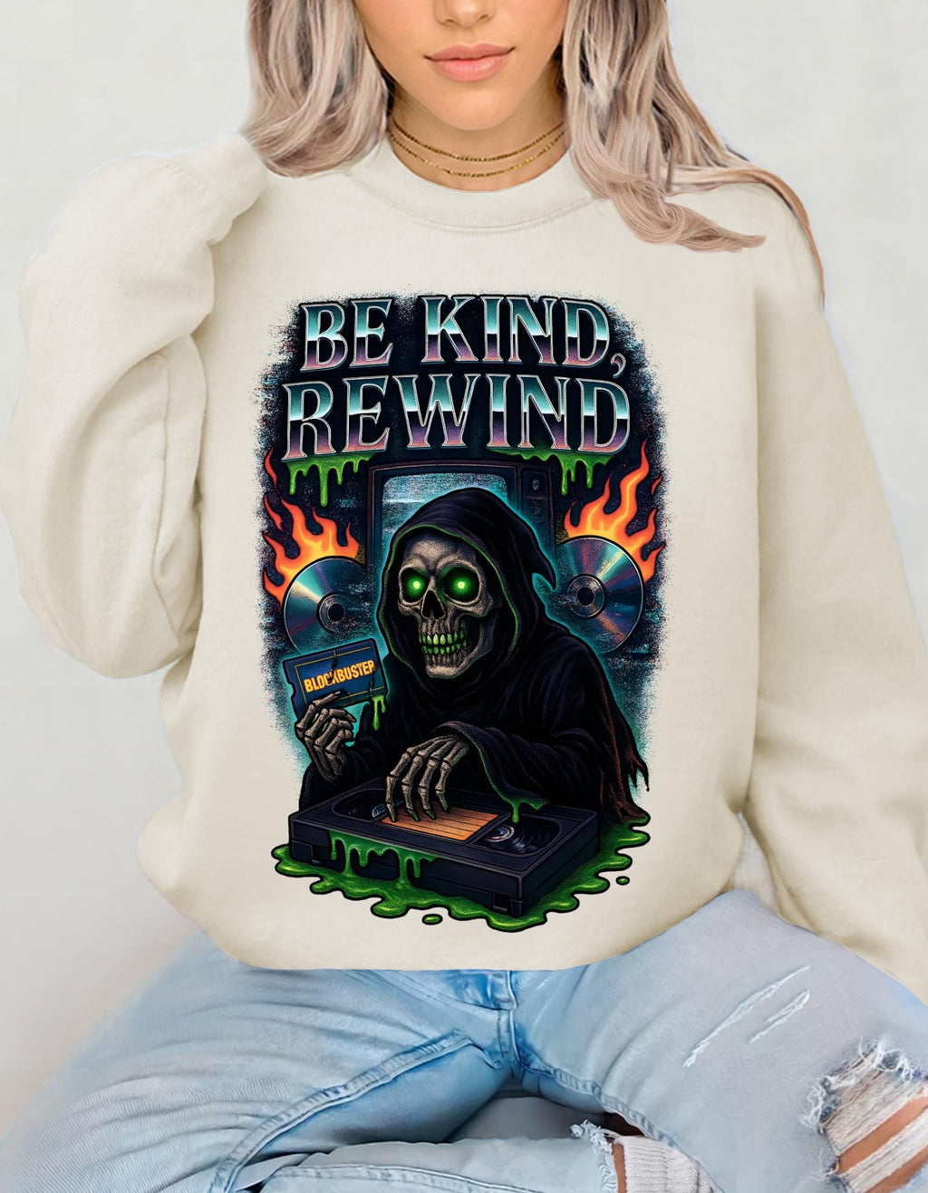 Retro 'Be Kind Rewind' Halloween Sweatshirt: Creepy Vintage Pullover
