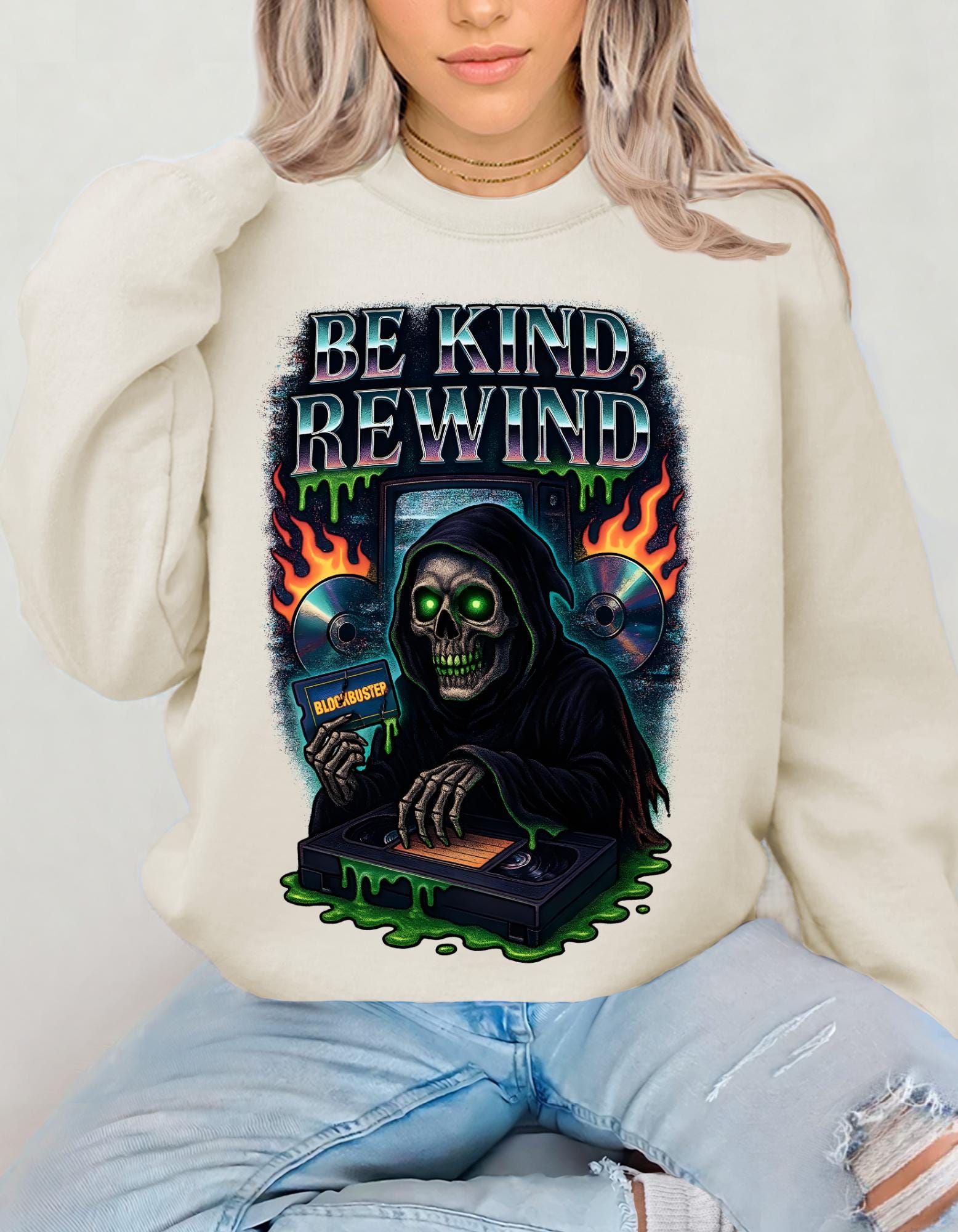 Retro 'Be Kind Rewind' Halloween Sweatshirt: Creepy Vintage Pullover
