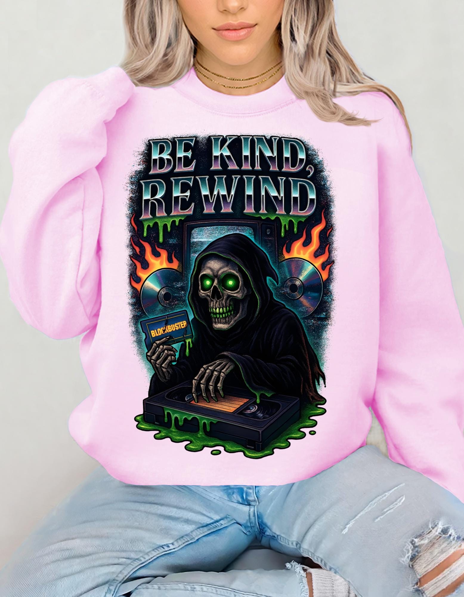 Retro 'Be Kind Rewind' Halloween Sweatshirt: Creepy Vintage Pullover