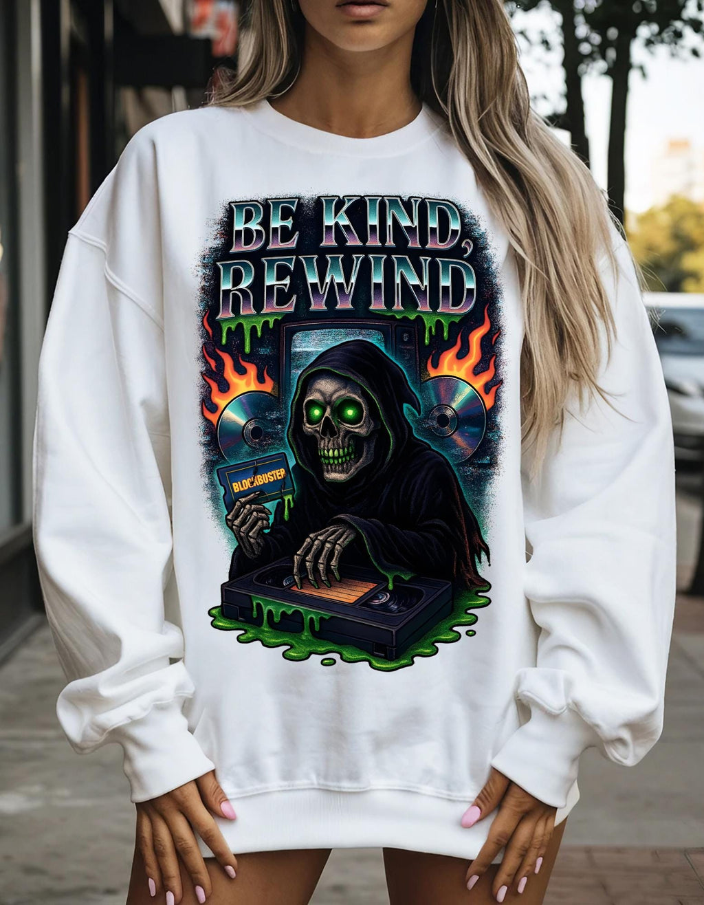 Retro 'Be Kind Rewind' Halloween Sweatshirt: Creepy Vintage Pullover