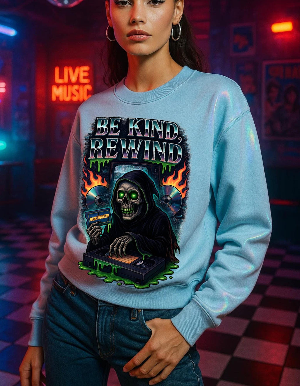 Retro 'Be Kind Rewind' Halloween Sweatshirt: Creepy Vintage Pullover