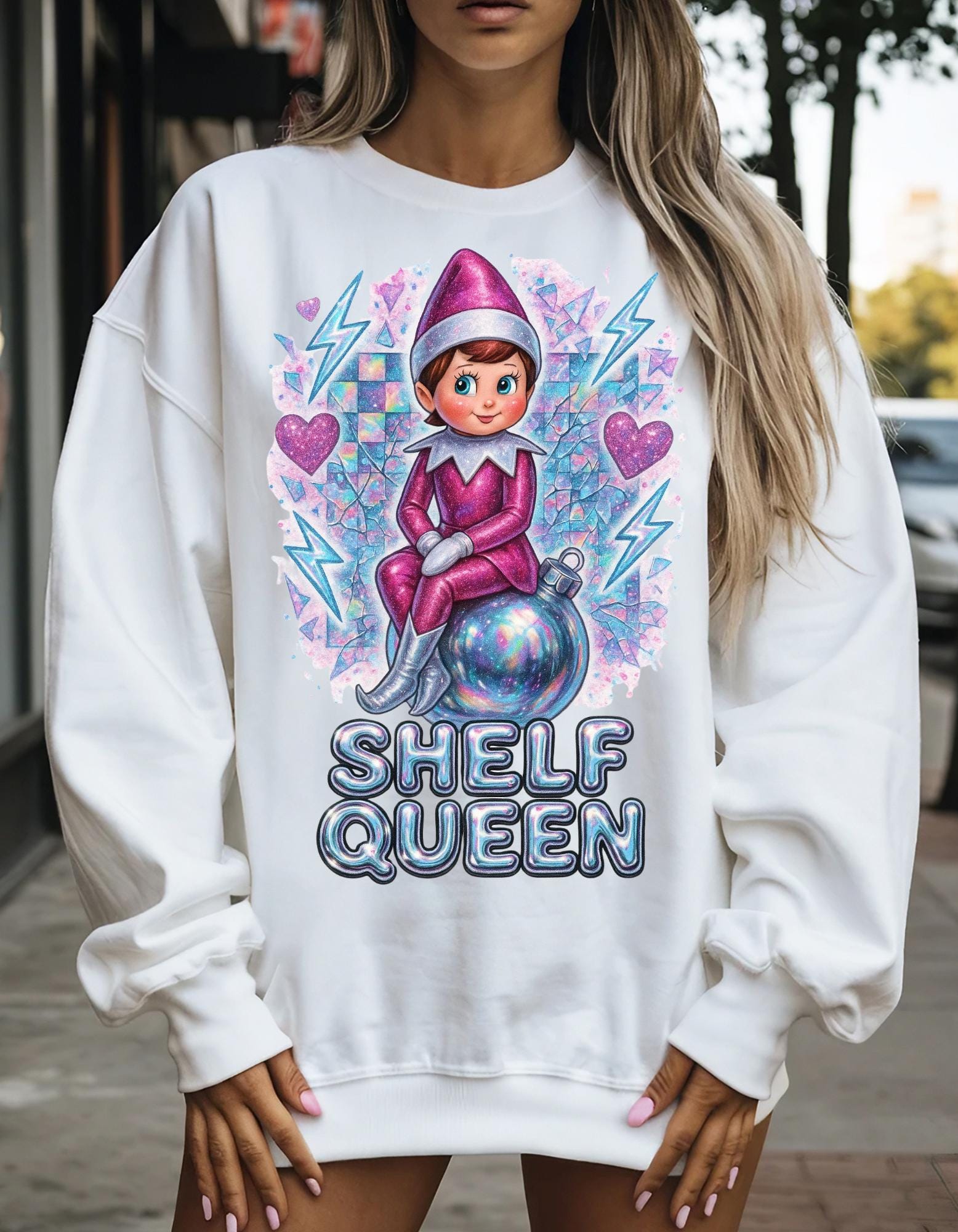 Whimsical Elf Shelf Queen Sweatshirt: Cozy Crewneck for Holiday Lounging and Festive Fashion
