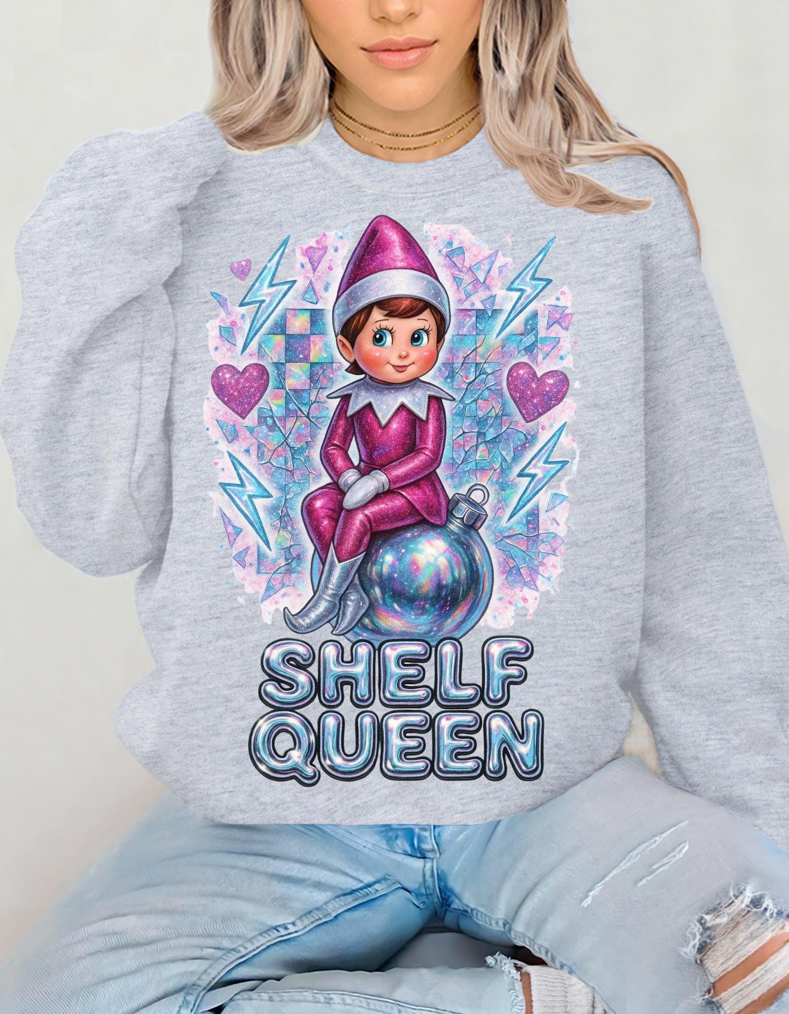 Whimsical Elf Shelf Queen Sweatshirt: Cozy Crewneck for Holiday Lounging and Festive Fashion