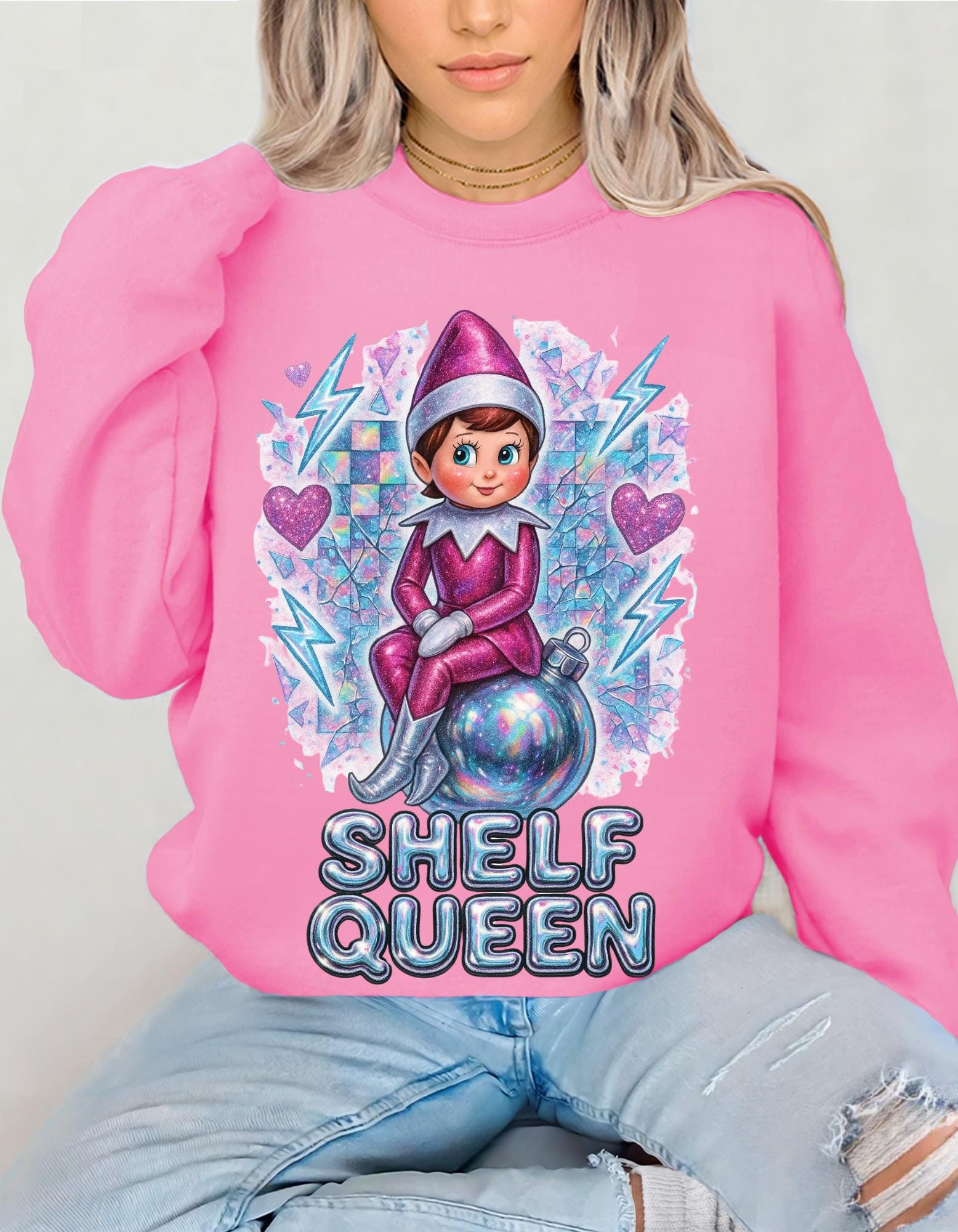 Whimsical Elf Shelf Queen Sweatshirt: Cozy Crewneck for Holiday Lounging and Festive Fashion
