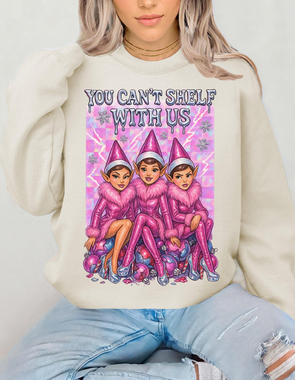 Funny Mean Elf Girls Holiday Crewneck Sweatshirt: Quirky Christmas Party Outfit for Squad Photos