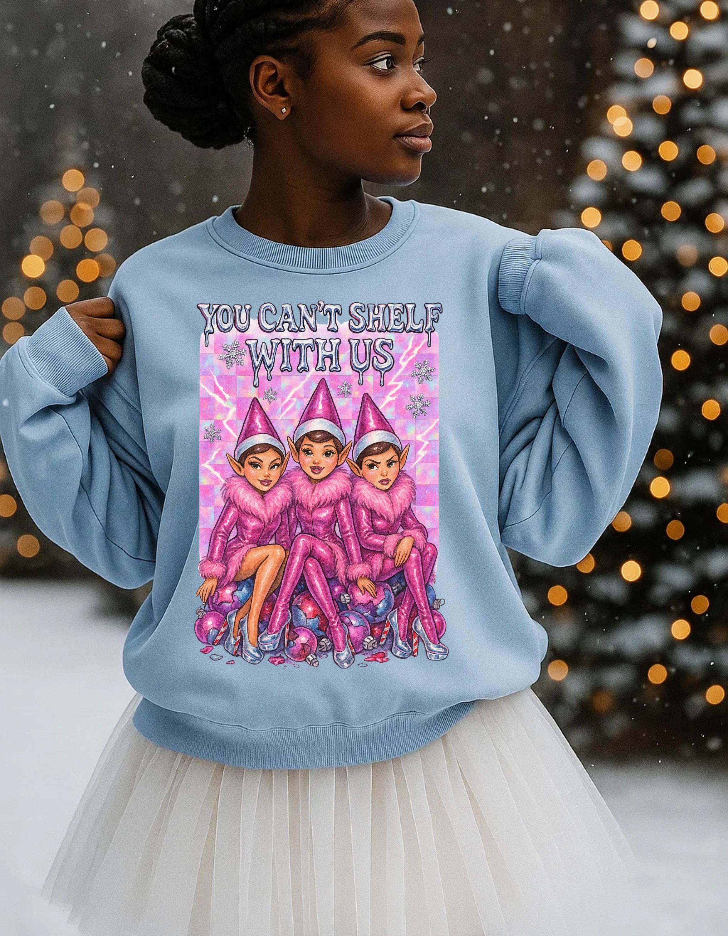 Funny Mean Elf Girls Holiday Crewneck Sweatshirt: Quirky Christmas Party Outfit for Squad Photos