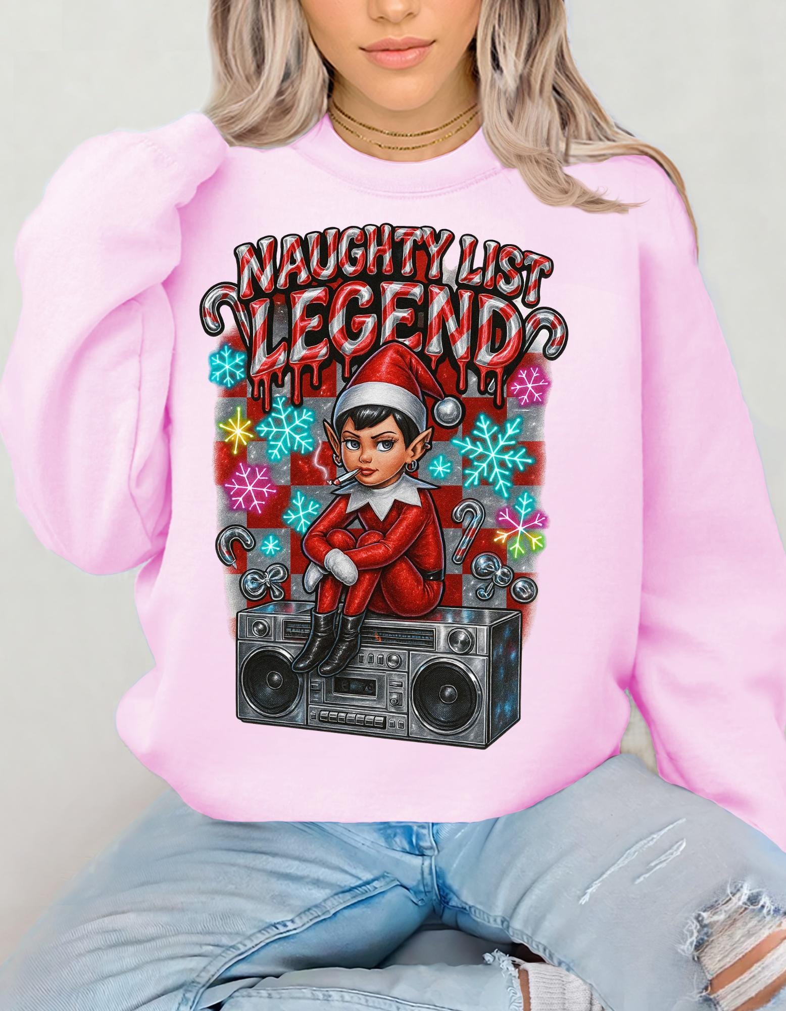 Mischievous Elf Spy Unisex Crewneck: Y2K Holiday Rebel Sweatshirt for Naughty List Enthusiasts