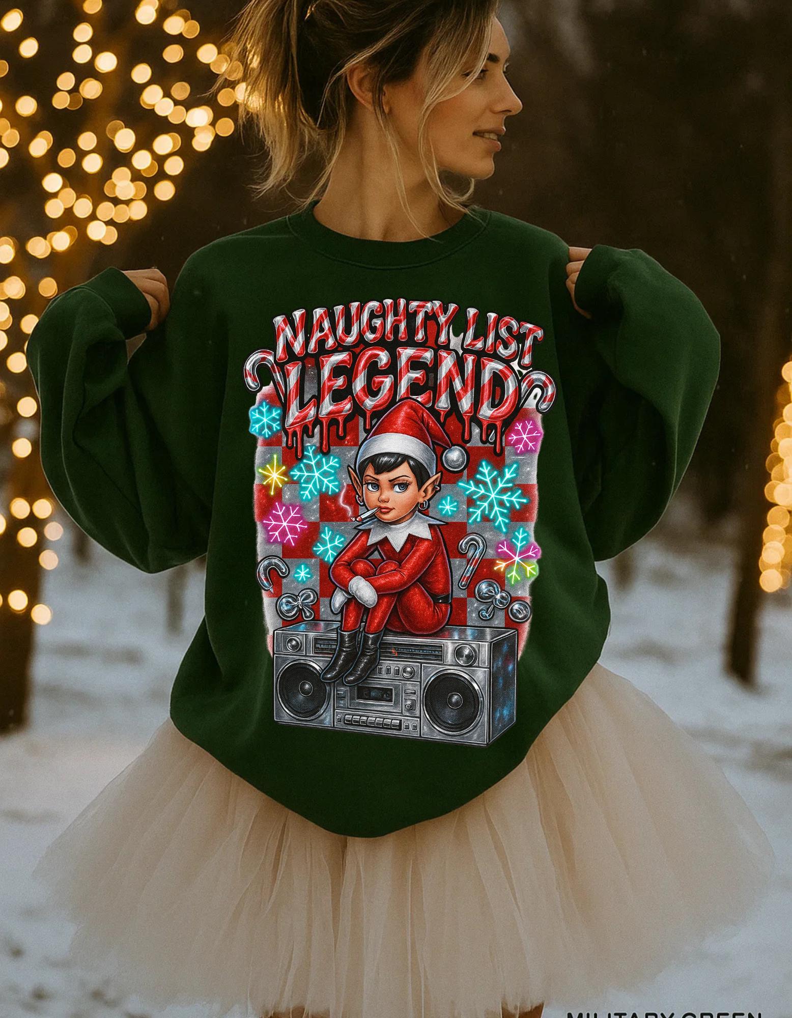 Mischievous Elf Spy Unisex Crewneck: Y2K Holiday Rebel Sweatshirt for Naughty List Enthusiasts