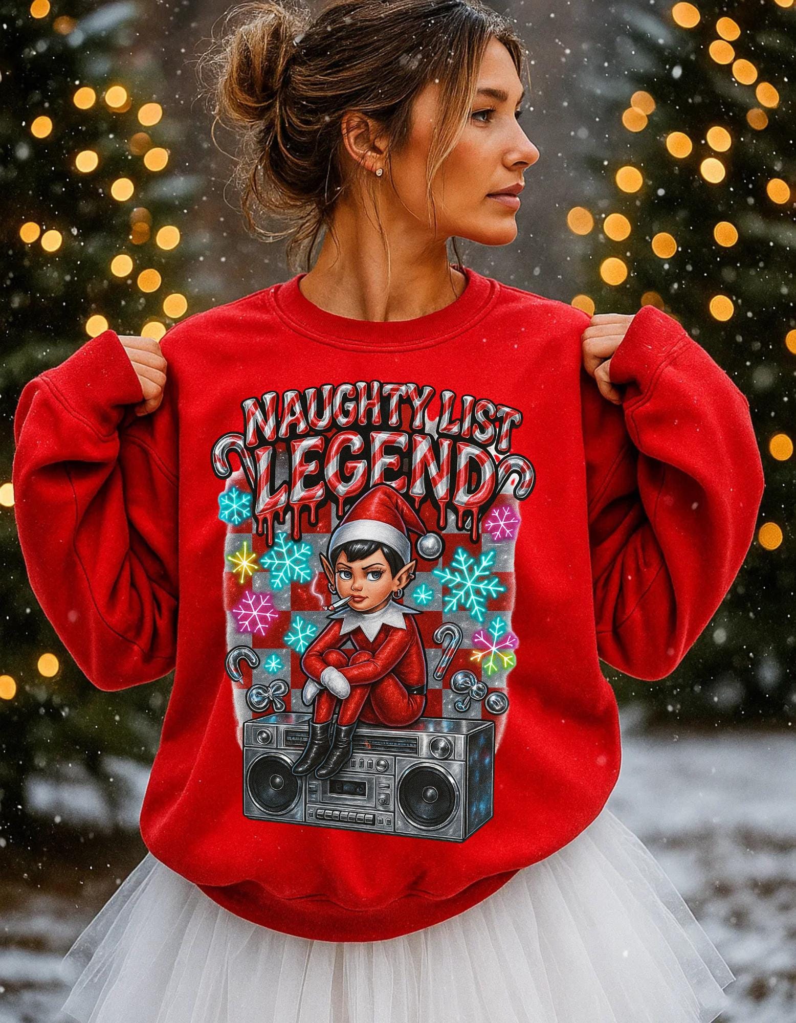 Mischievous Elf Spy Unisex Crewneck: Y2K Holiday Rebel Sweatshirt for Naughty List Enthusiasts